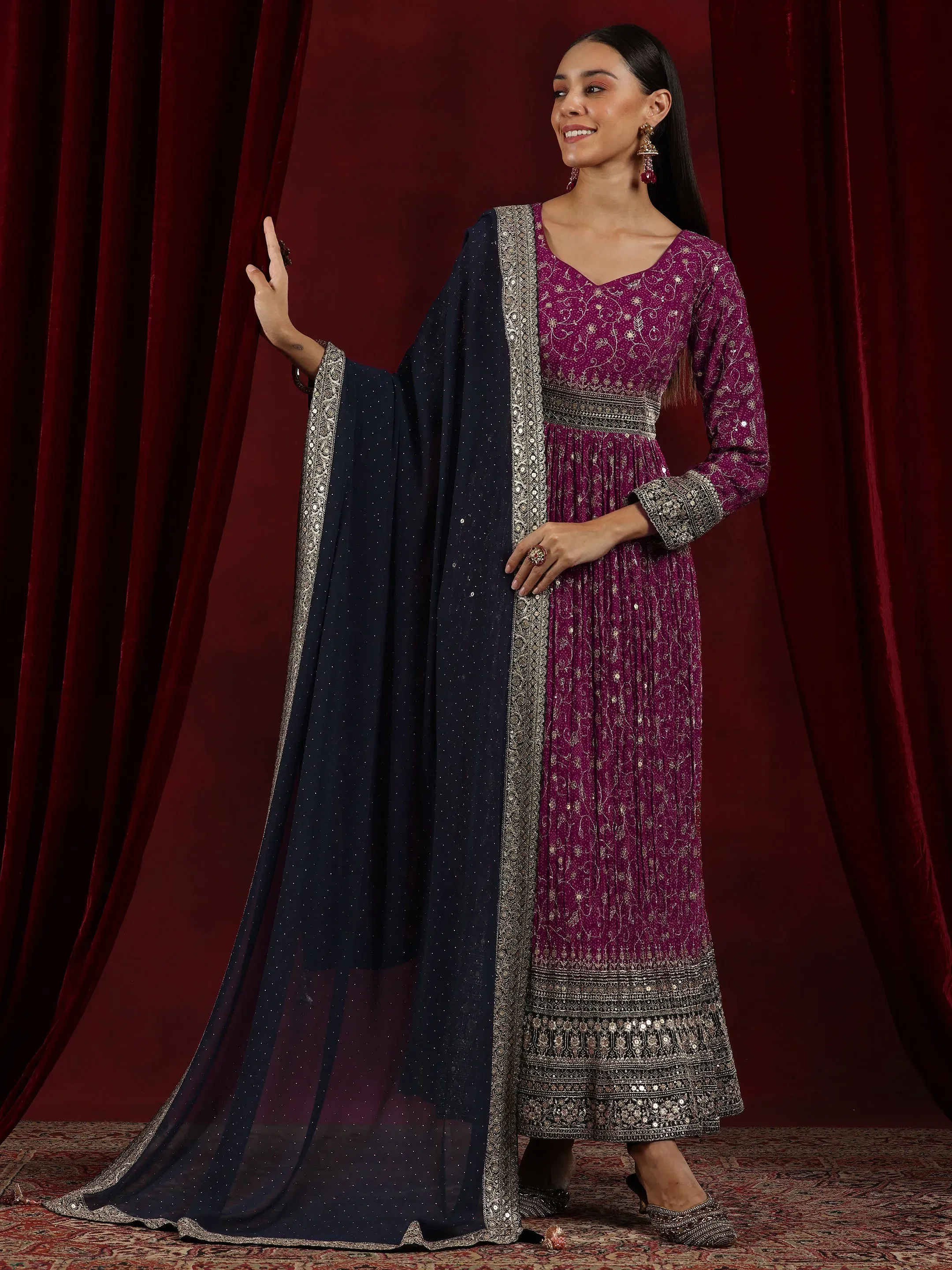Libas Art Magenta Printed Georgette A-Line Kurta With Trousers Libas sale