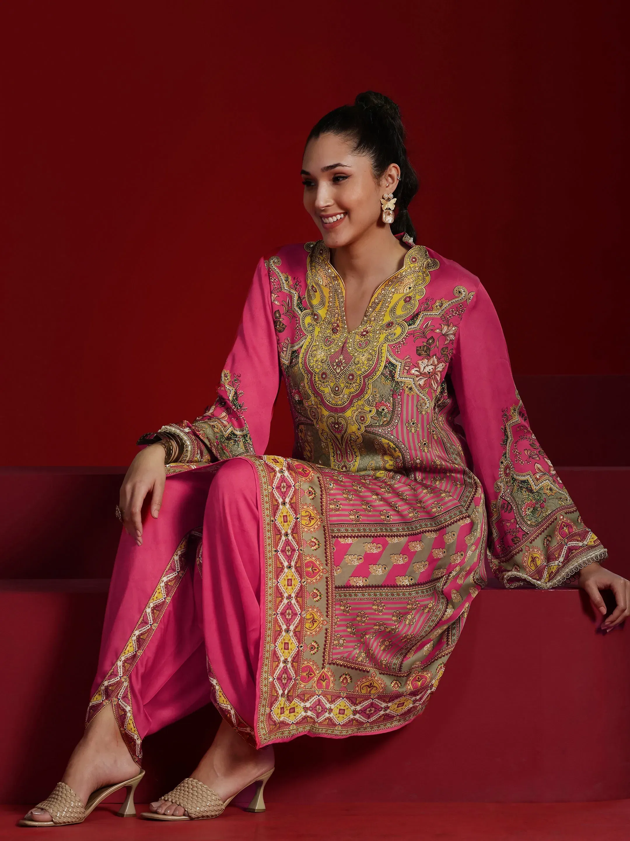 Libas Art Coral Printed Silk Blend Straight Kurta Dhoti Set Libas sale