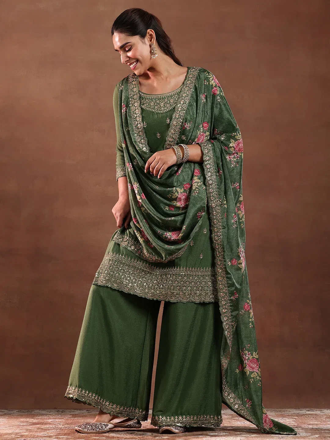Libas Green Embroidered Silk Blend Straight Suit With Dupatta Libas sale