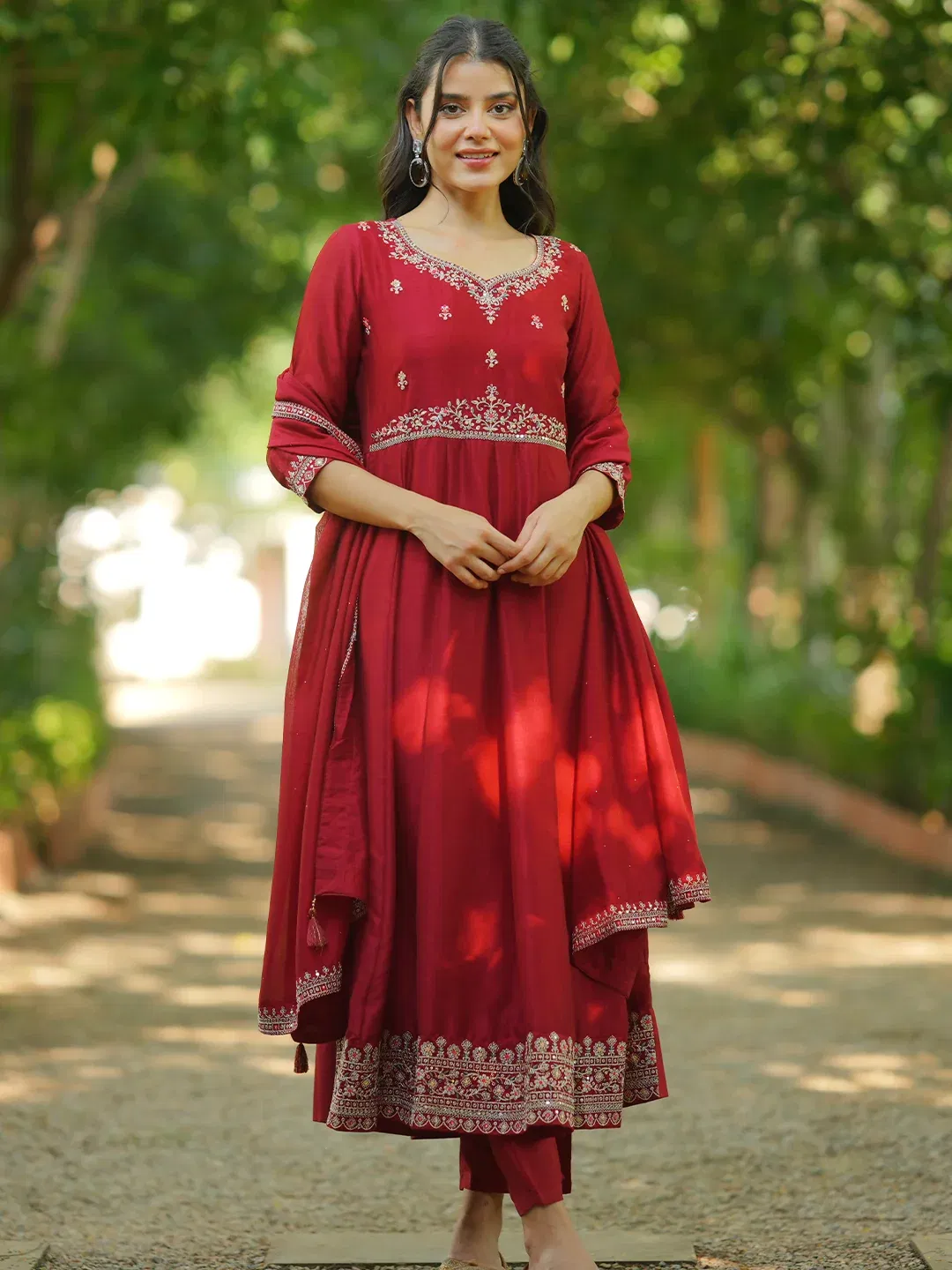 Libas Maroon Embroidered Silk Blend Anarkali Suit Set Libas sale