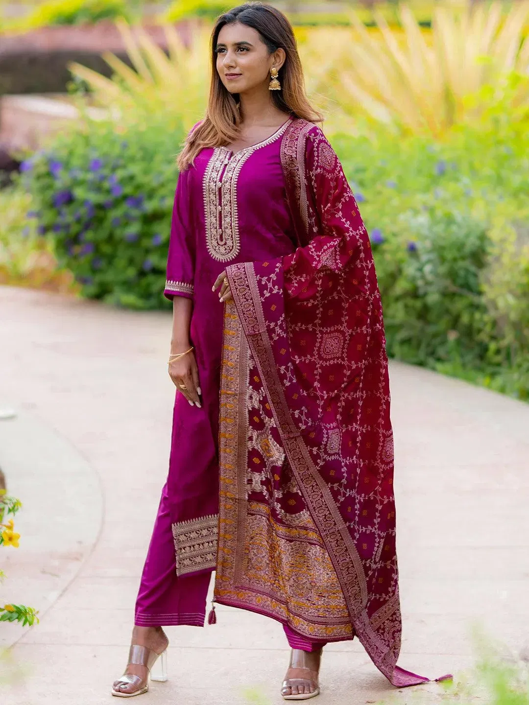 Libas Maroon Yoke Design Silk Blend Straight Suit Libas sale
