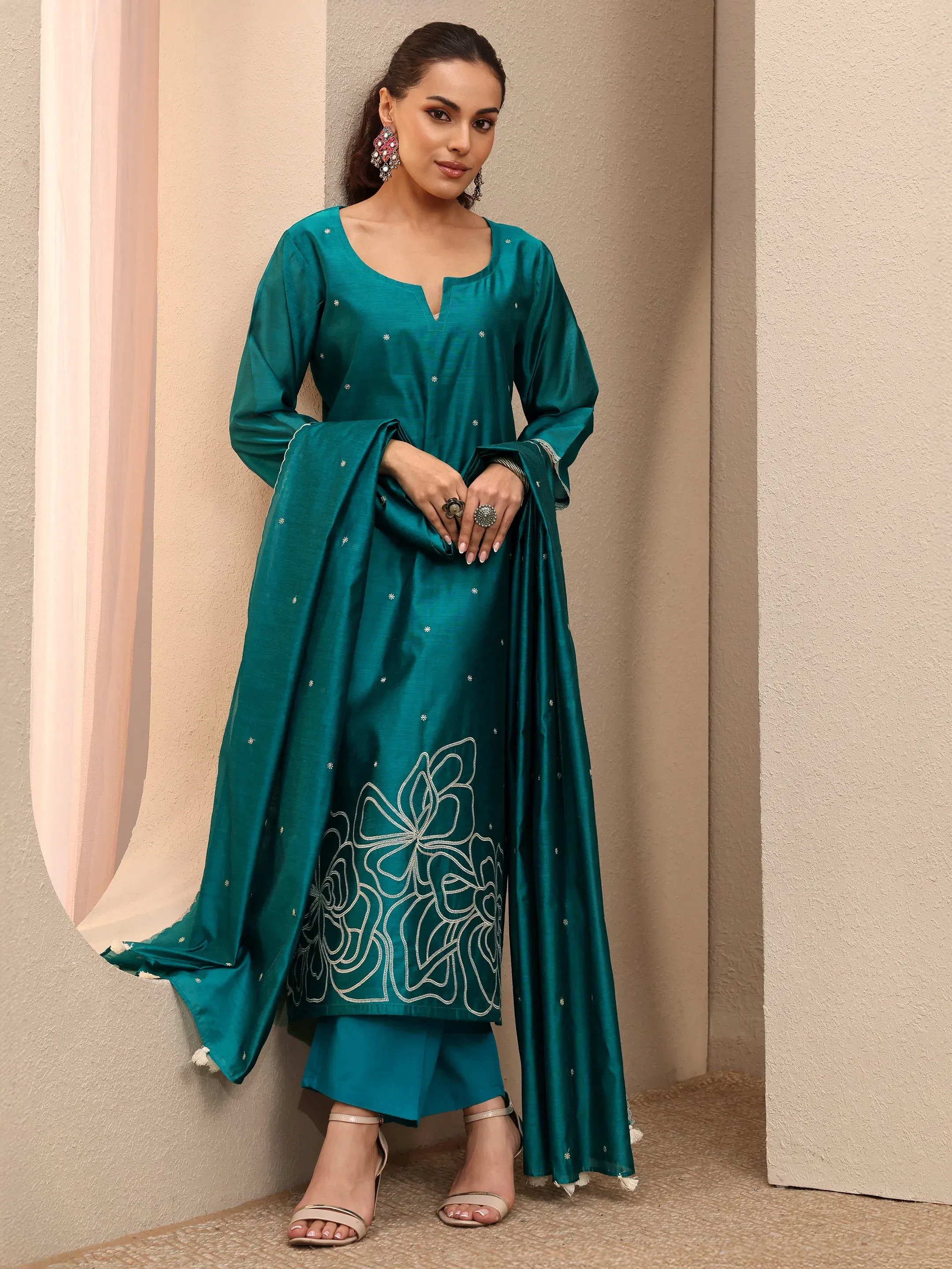 Libas Green Embroidered Silk Blend Straight Suit Set Libas sale