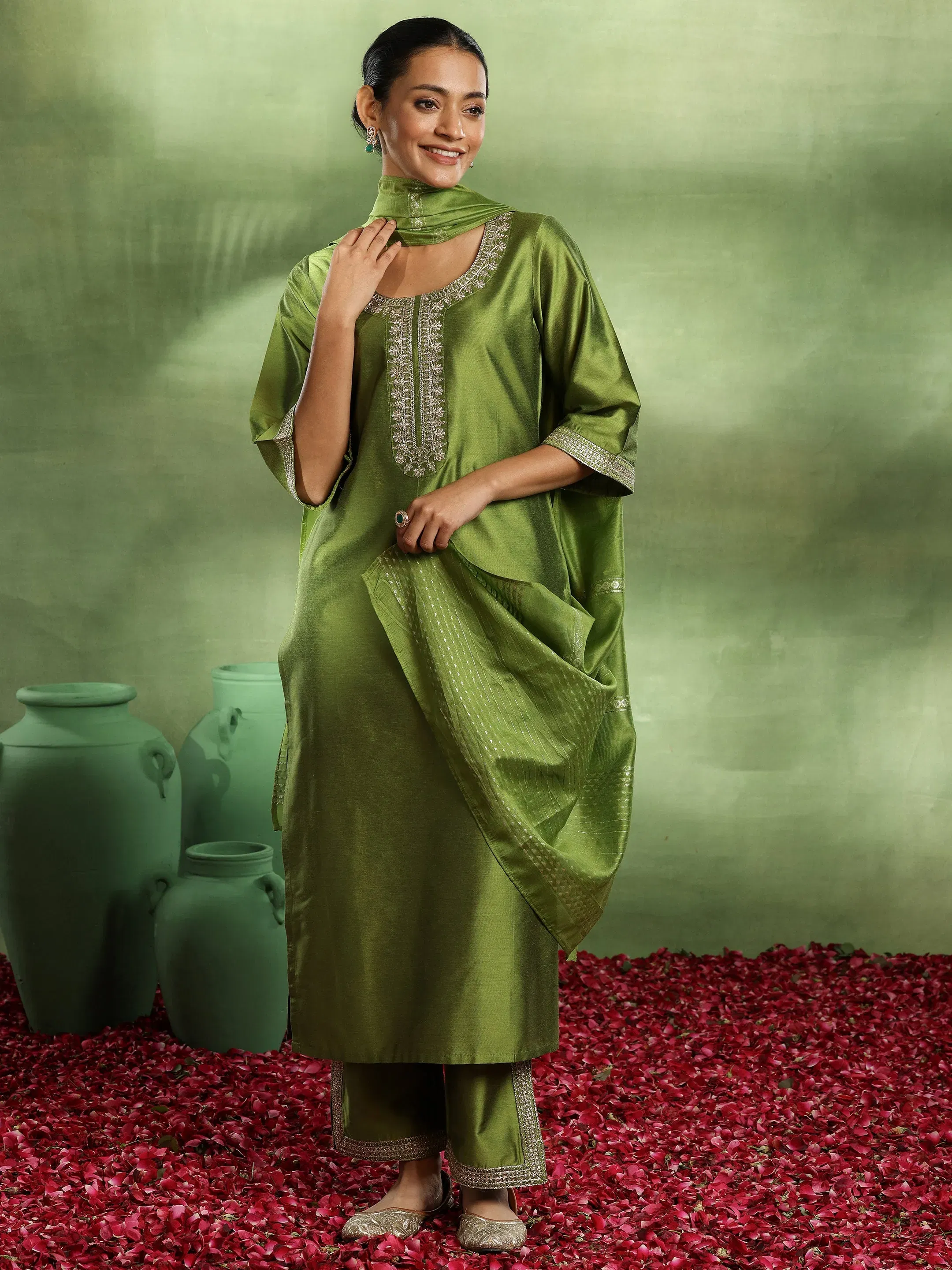 Gerua Green Yoke Design Silk Blend Straight Suit Libas sale