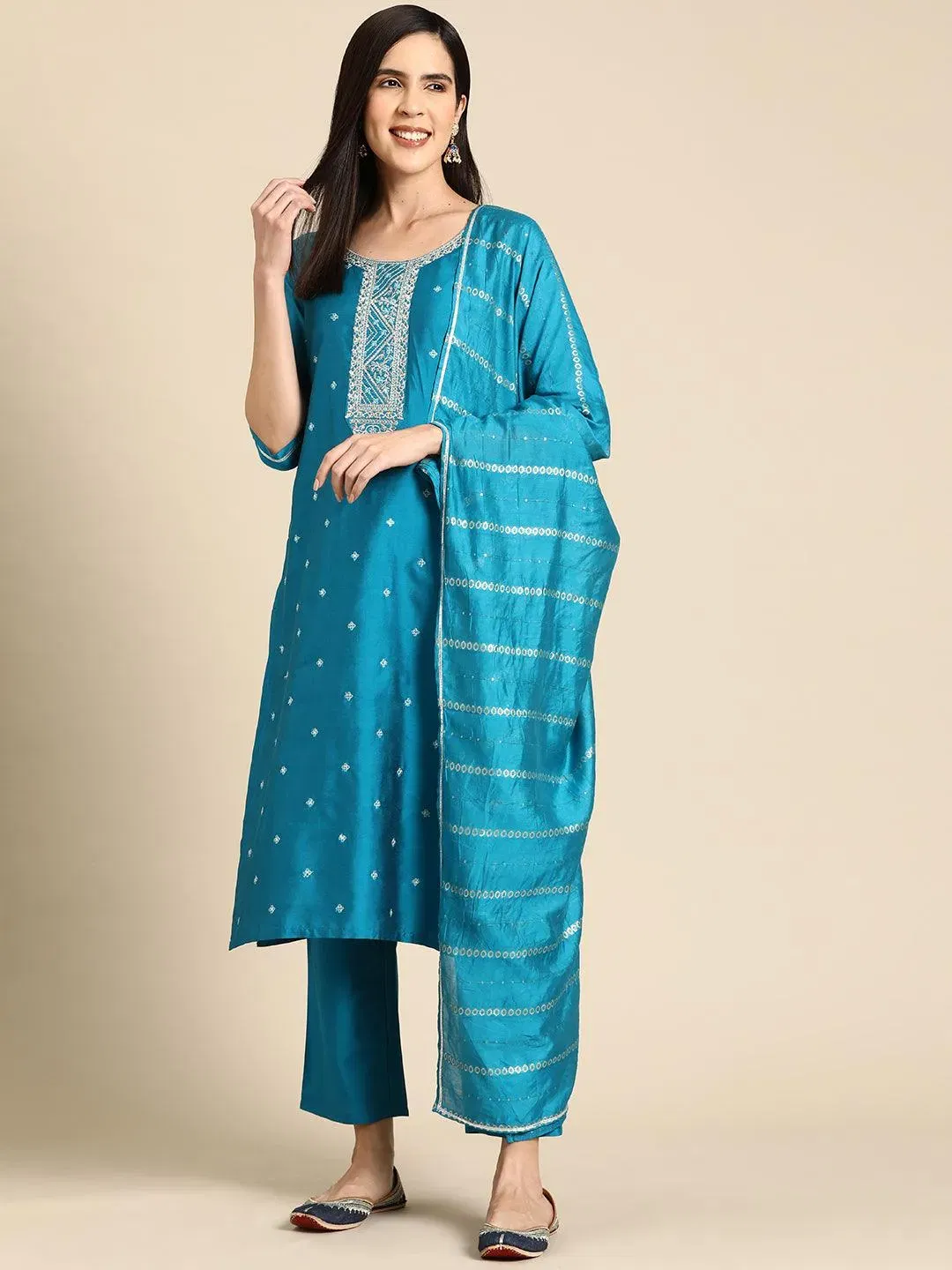 Gerua Blue Yoke Design Silk Blend Straight Suit Libas sale