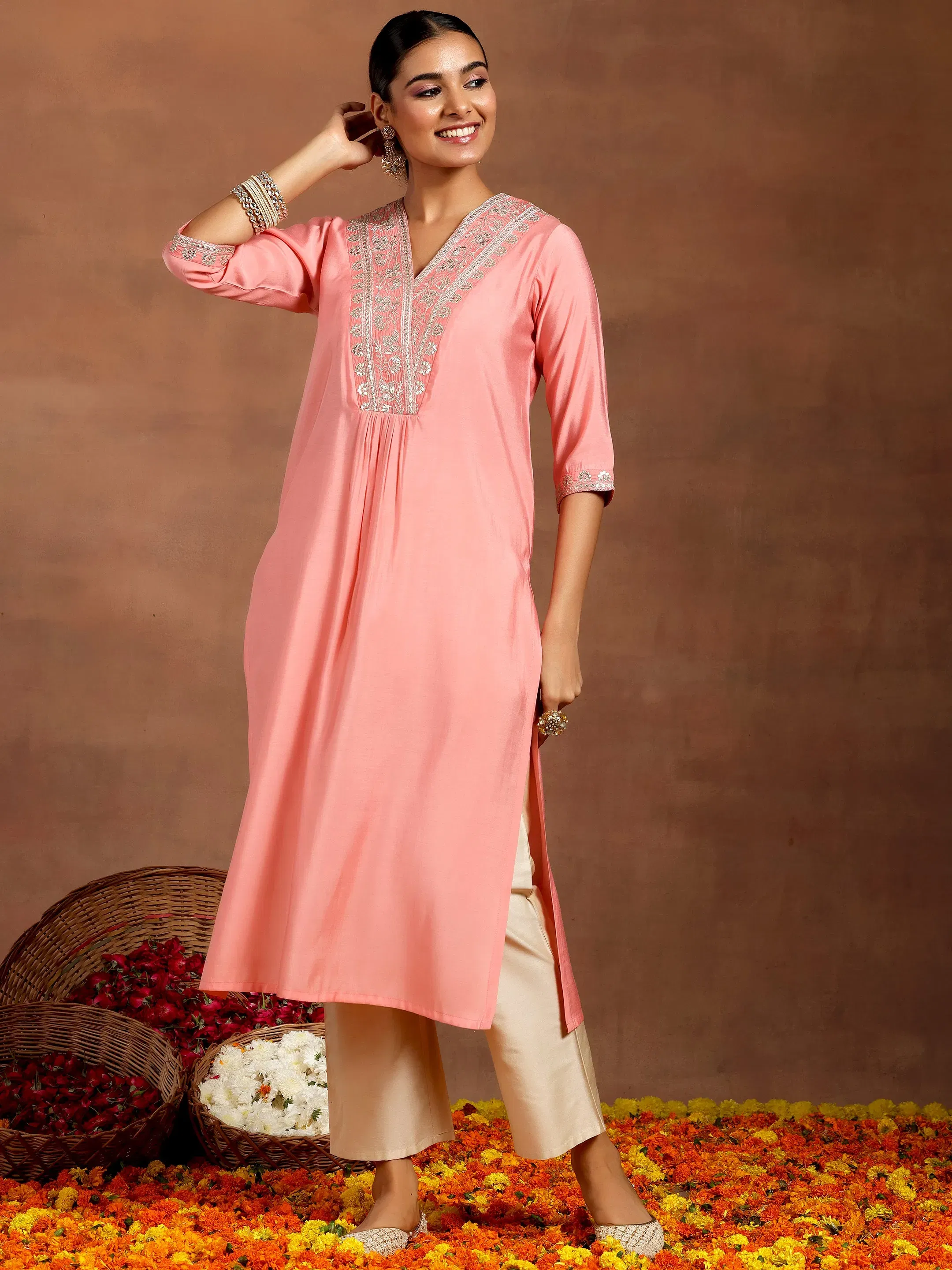 Gerua Peach Yoke Design Silk Straight Kurta Libas sale