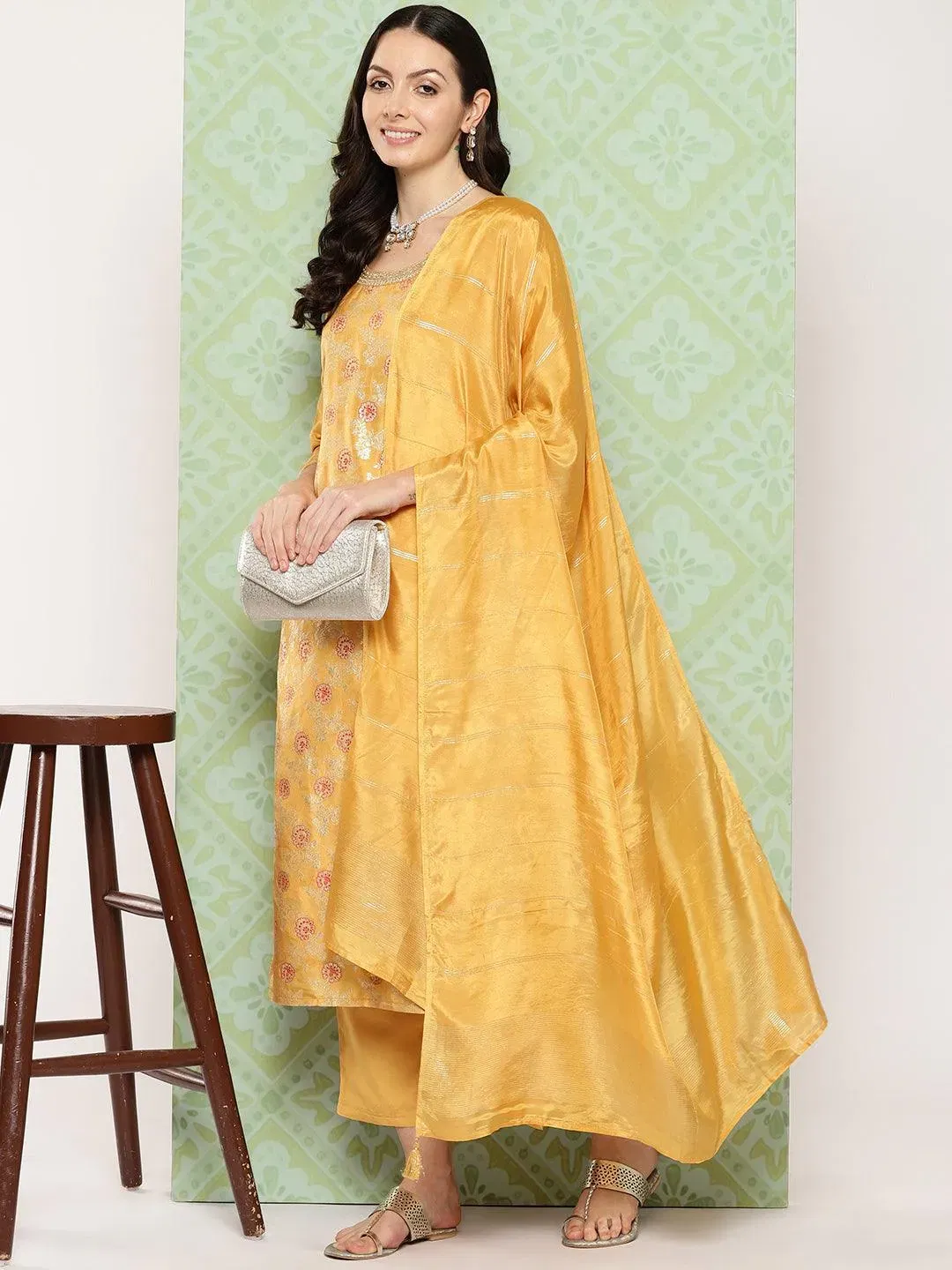 Libas Mustard Woven Design Silk Blend Straight Suit Libas sale