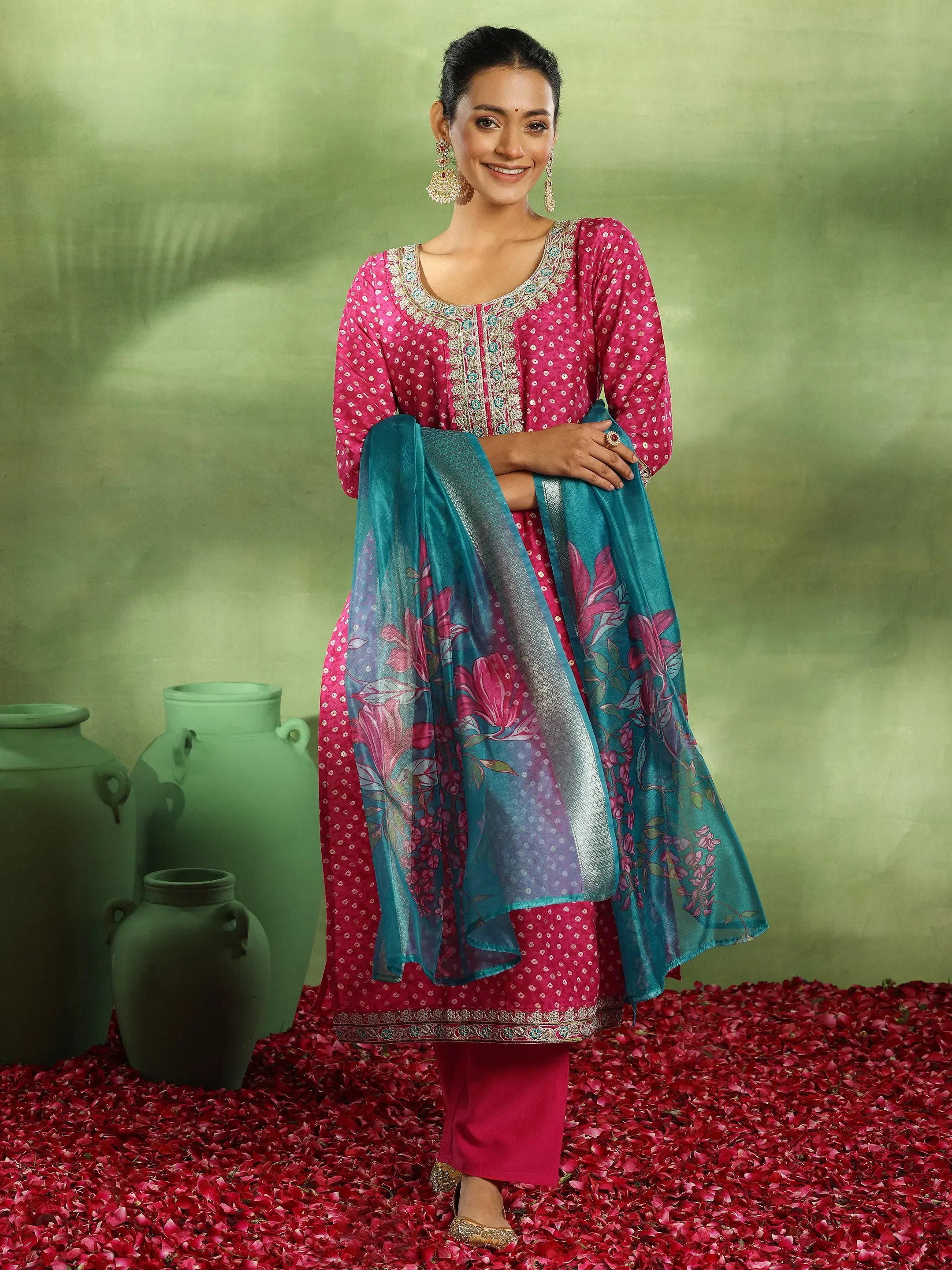 Libas Pink Printed Silk Blend Straight Suit With Dupatta Libas sale