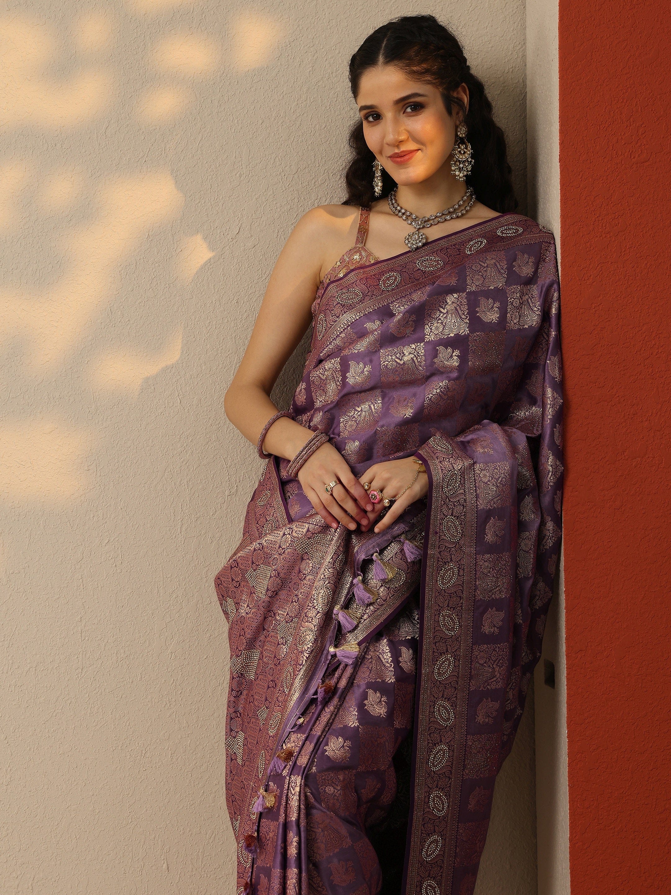 Libas Purple Woven Design Banarasi Silk Blend Saree Libas sale