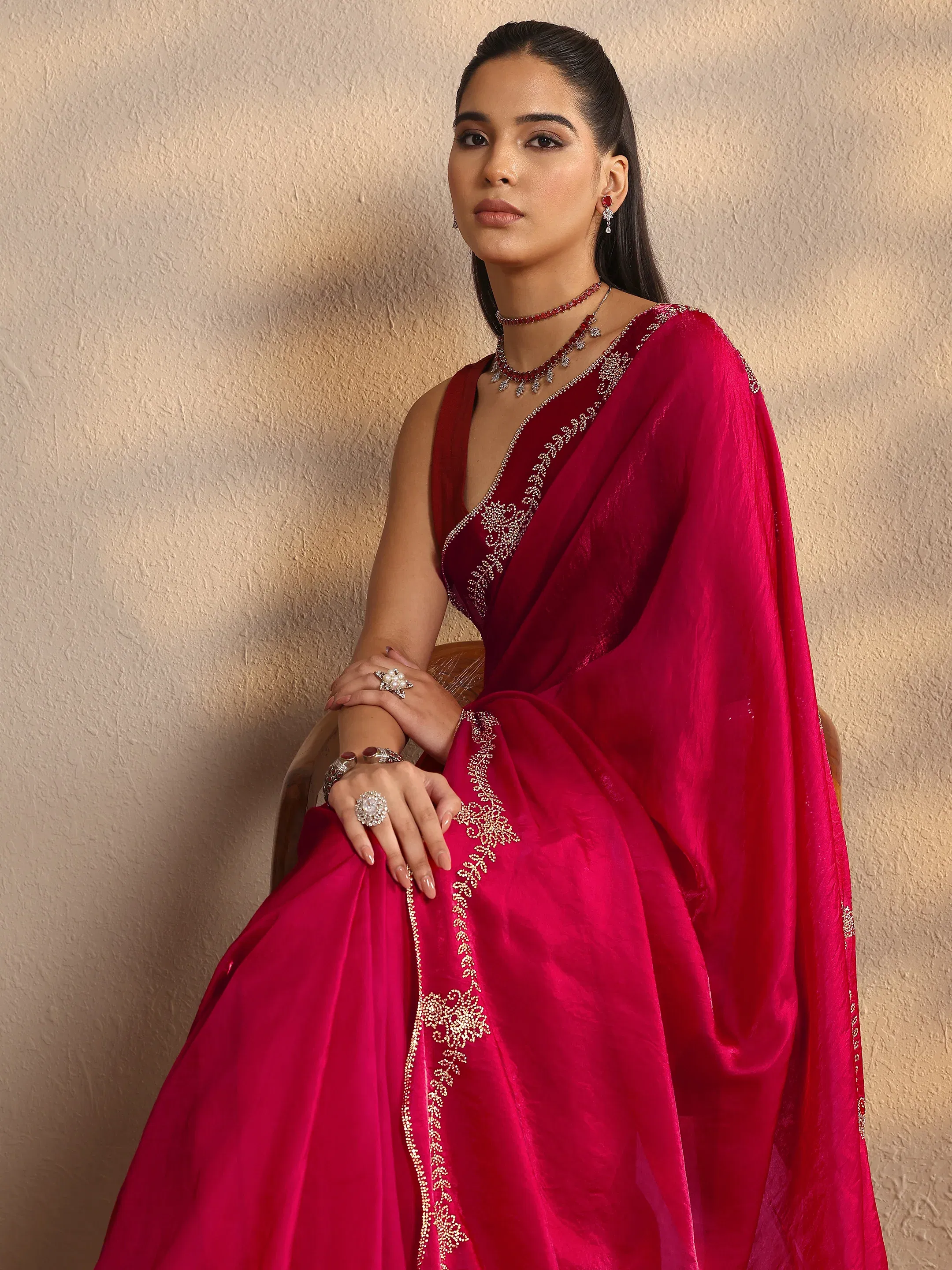 Libas Red Solid Silk Blend Saree Libas sale