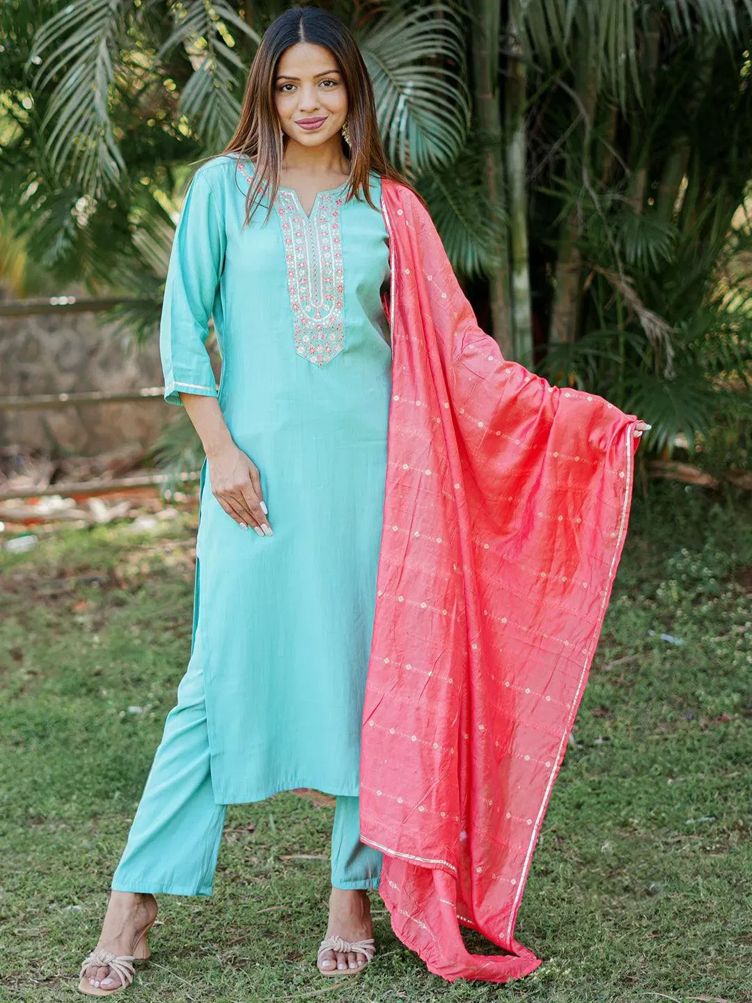 Gerua Blue Yoke Design Silk Blend Straight Suit With Dupatta Libas sale