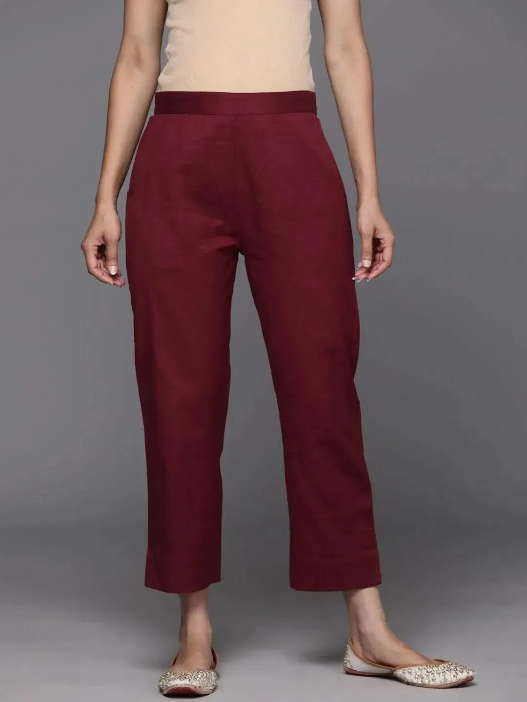 Libas Maroon Solid Cotton Trousers Libas sale
