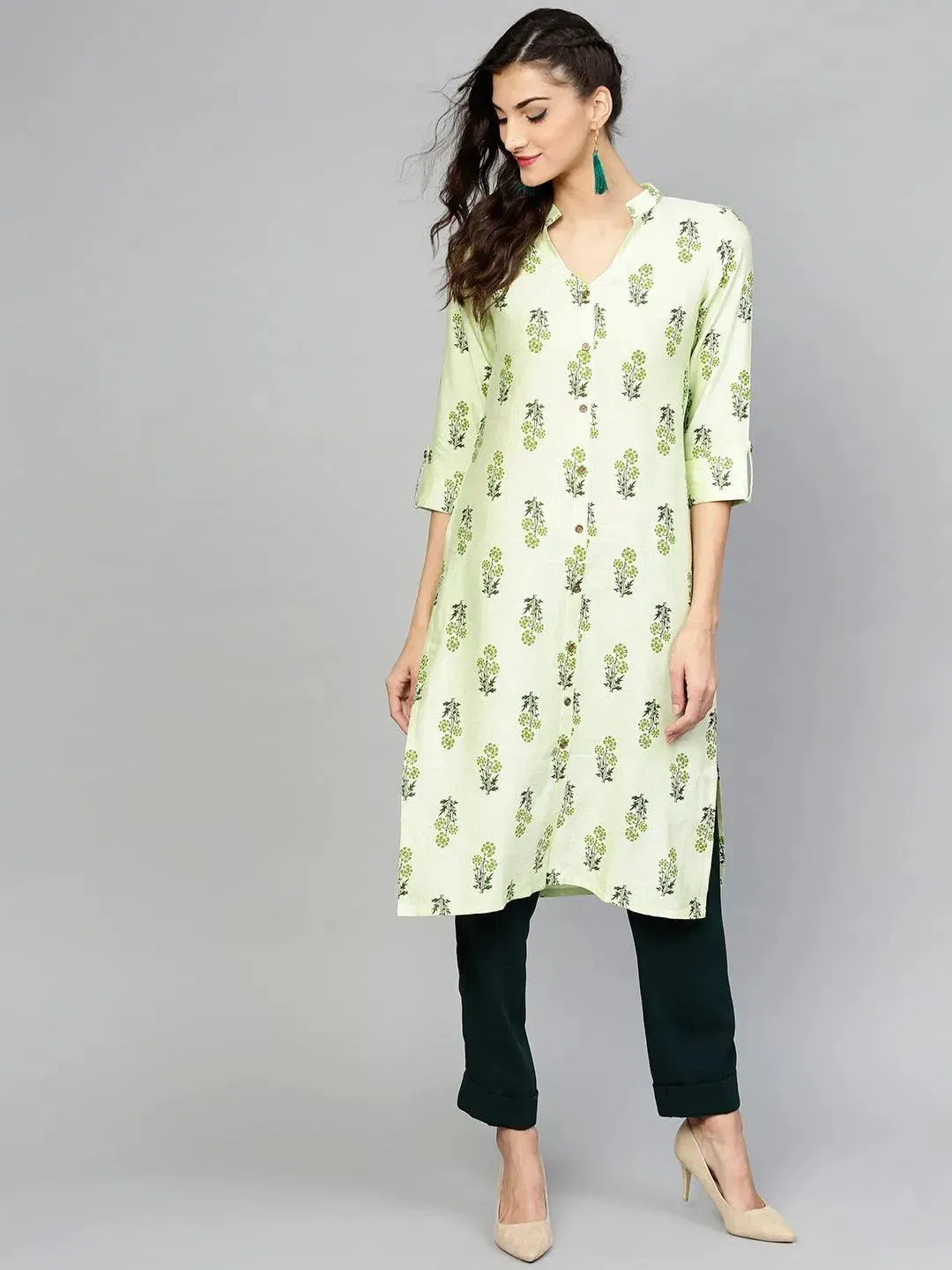 Libas Green Printed Cotton Kurta Libas sale