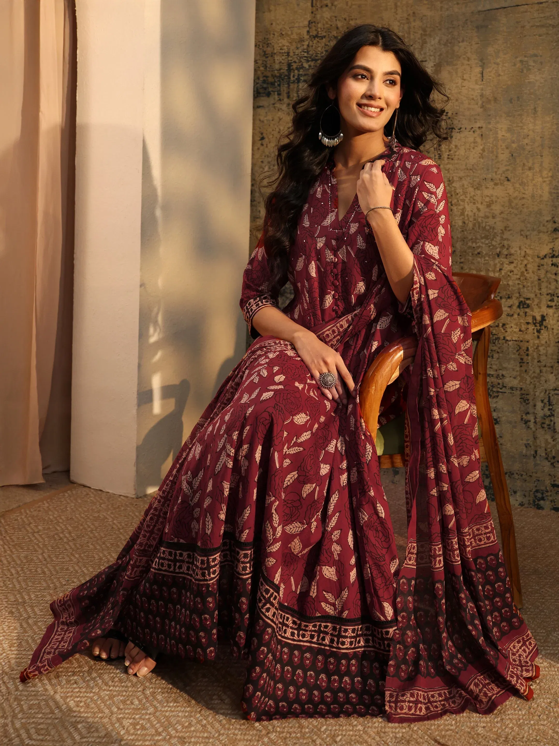 Libas Rust Ajrakh Printed Cotton Anarkali Suit Set Libas sale