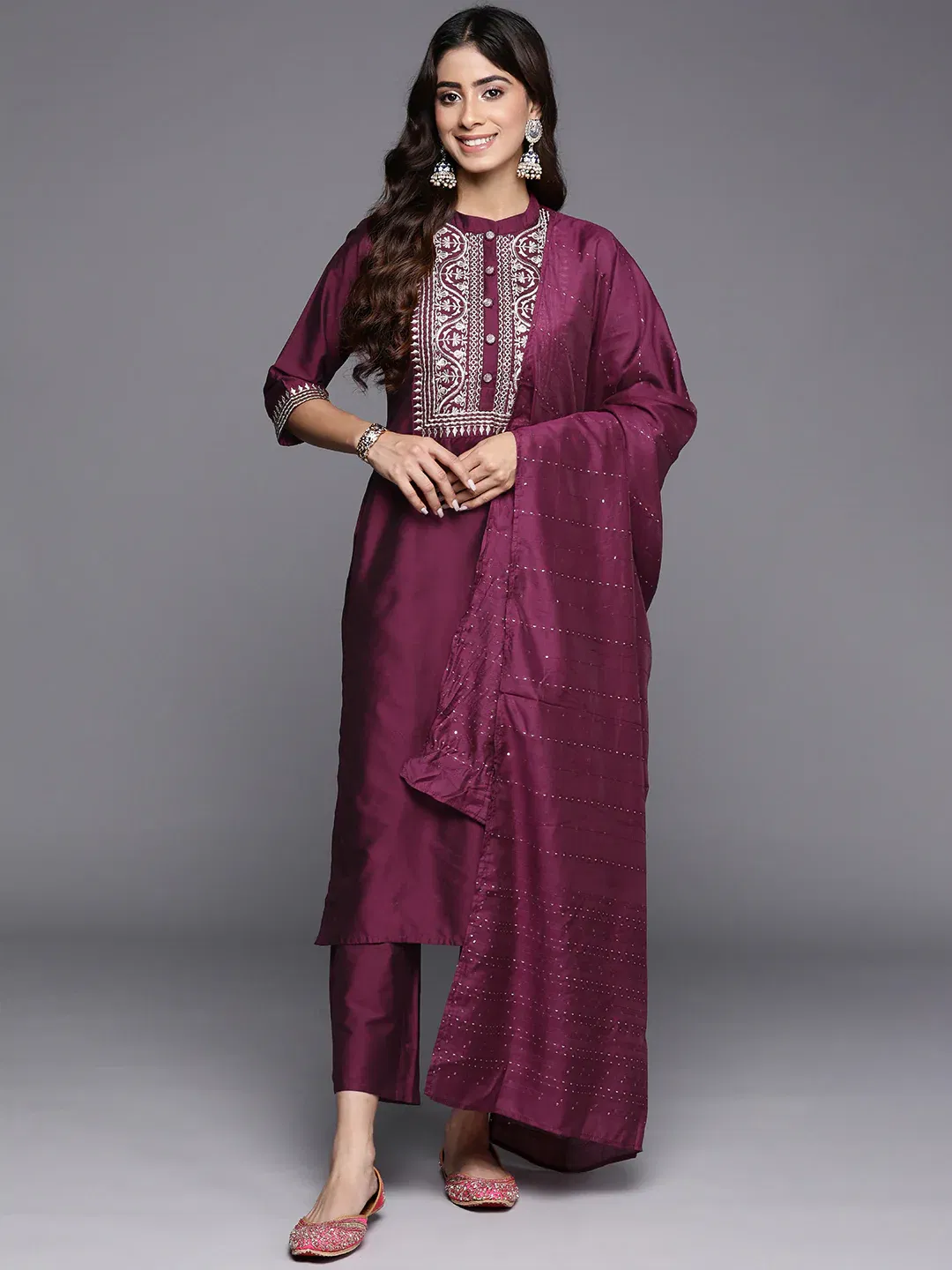 Gerua Burgundy Yoke Design Silk Blend Straight Suit With Dupatta Libas sale