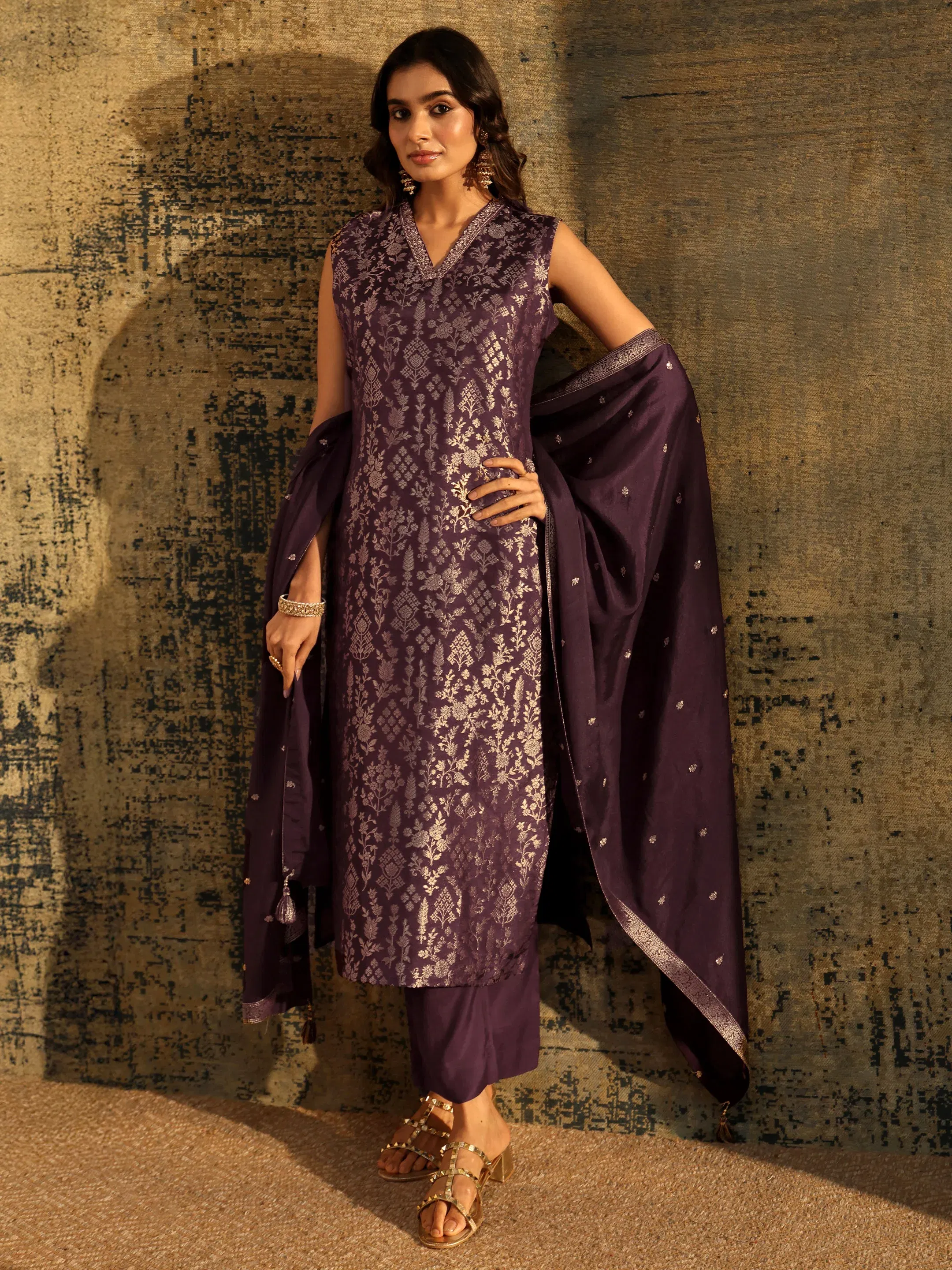 Libas Burgundy Floral Woven Design Silk Blend Straight Suit Set Libas sale