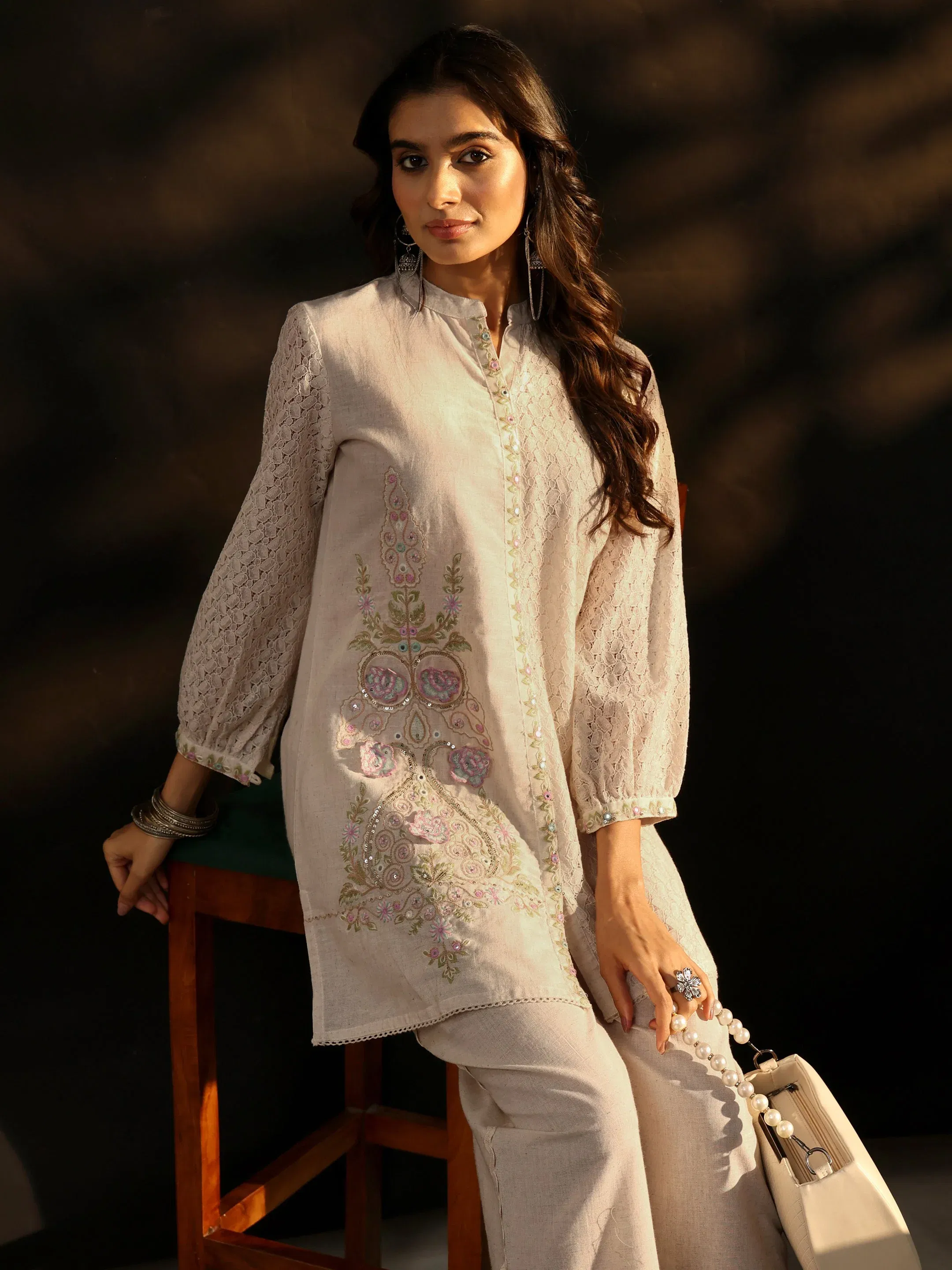 Libas Off White Floral Embroidered Cotton Straight Kurta Set Libas sale