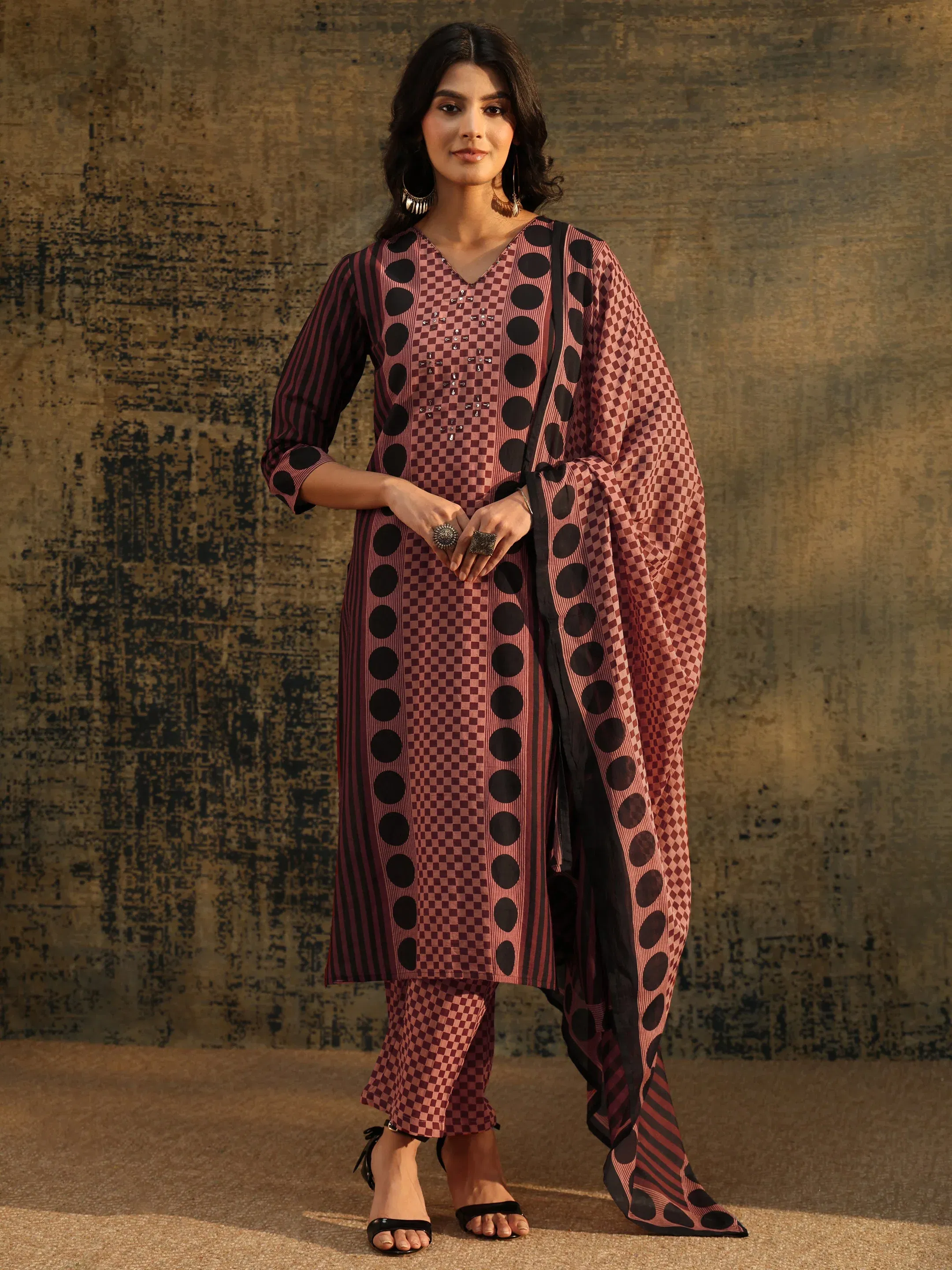 Libas Brown Ajrakh Printed Cotton Straight Suit Set Libas sale