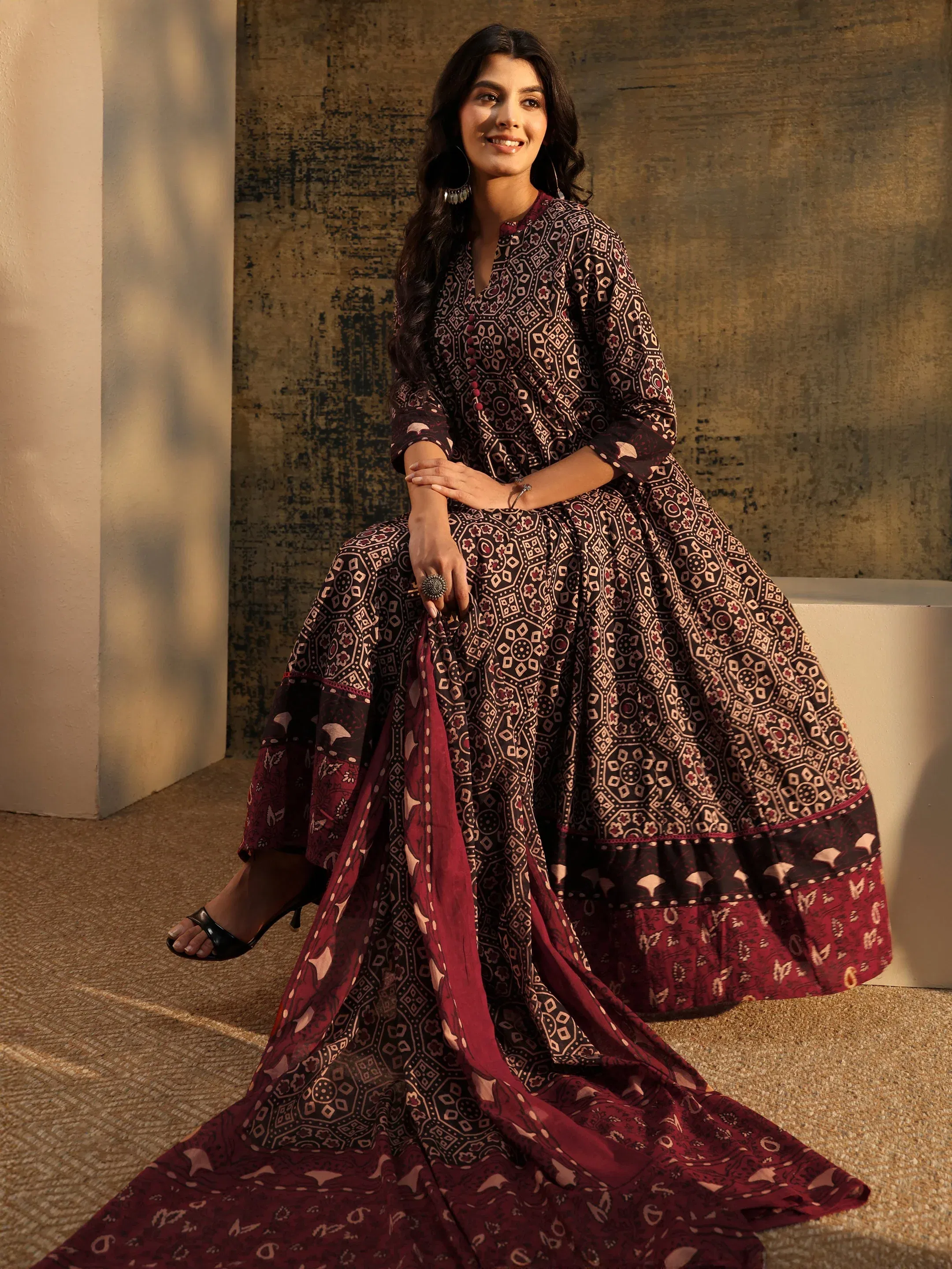 Libas Black Ajrakh Printed Cotton Anarkali Suit Set Libas sale