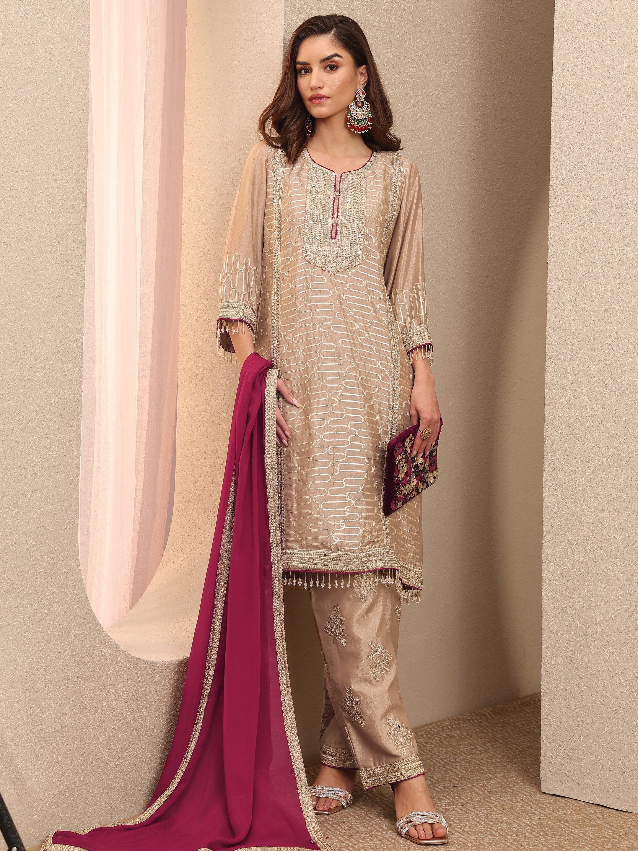 Libas Beige Embroidered Silk Blend Straight Suit Set With Dupatta Libas sale