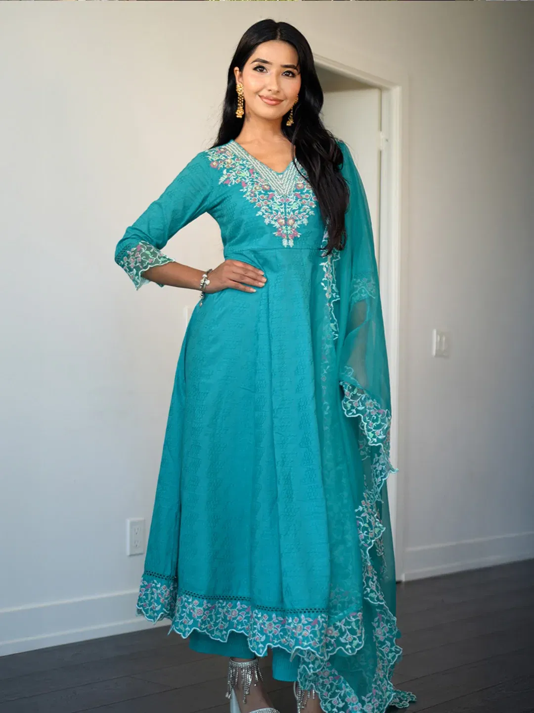 Libas Blue Embroidered Cotton Anarkali Suit Set With Dupatta Libas sale