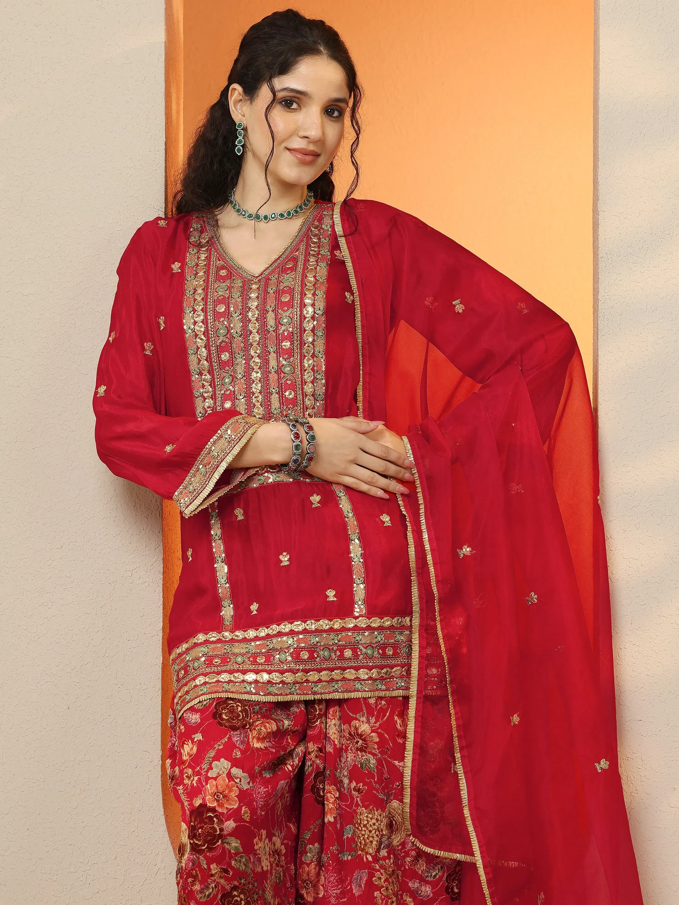 Libas Maroon Embroidered Chinon Straight Suit Set With Dupatta Libas sale