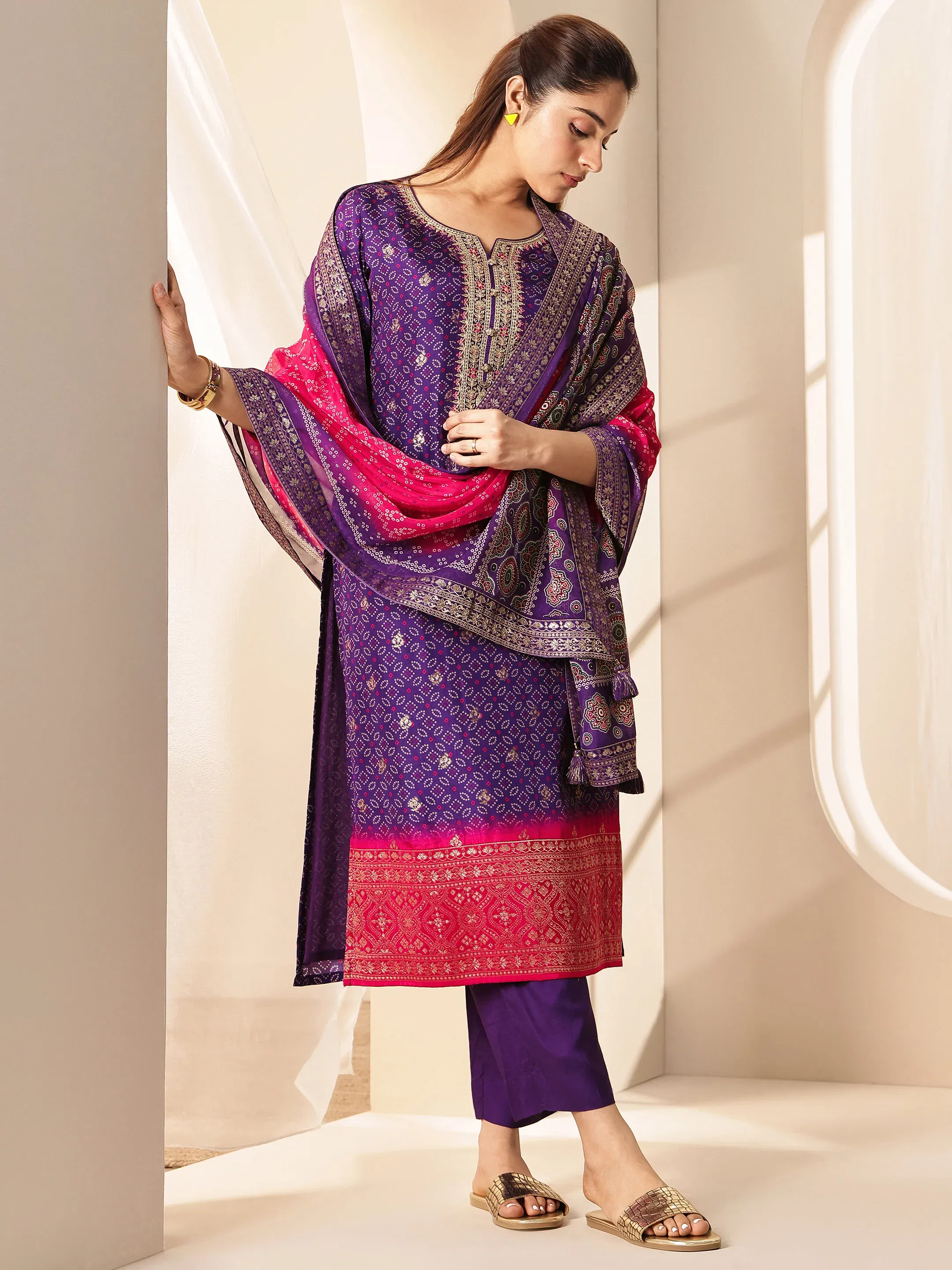 Libas Purple Printed Silk Blend Straight Suit Sets With Dupatta Libas sale