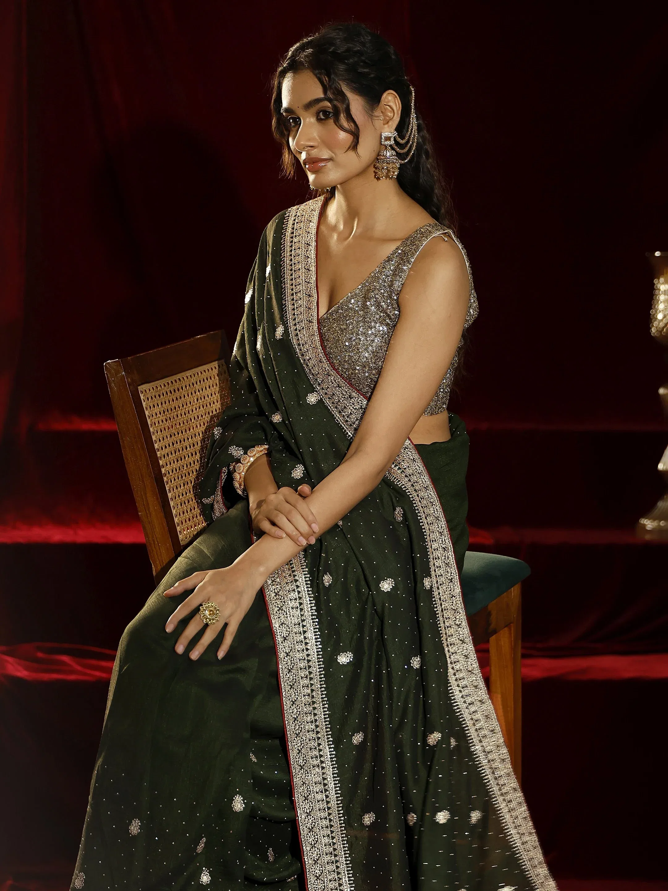 Libas Green Floral Embroidered Silk Blend Saree Libas sale