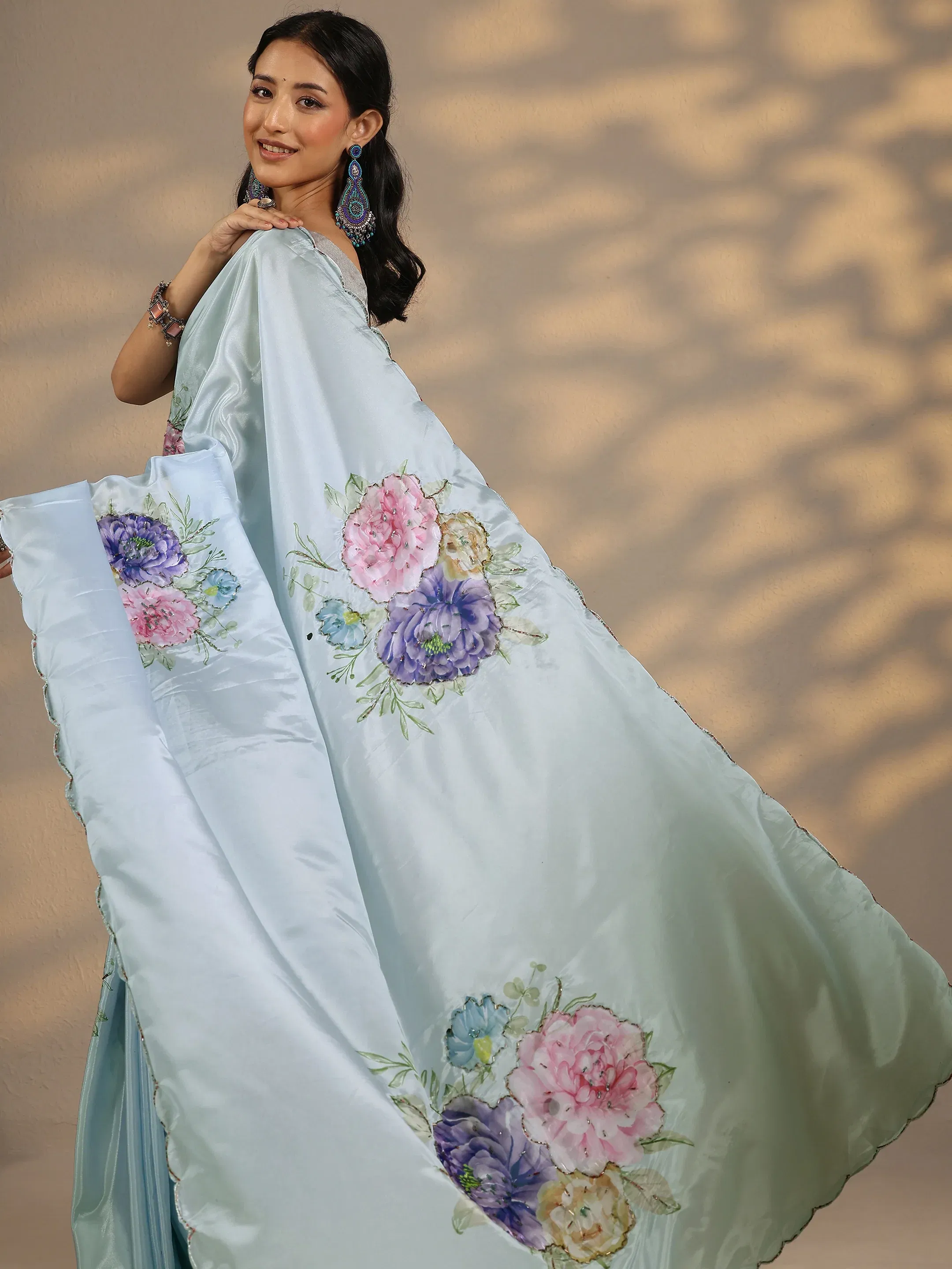 Libas Blue Printed Silk Blend Saree With Unstitched Blouse Piece Libas sale