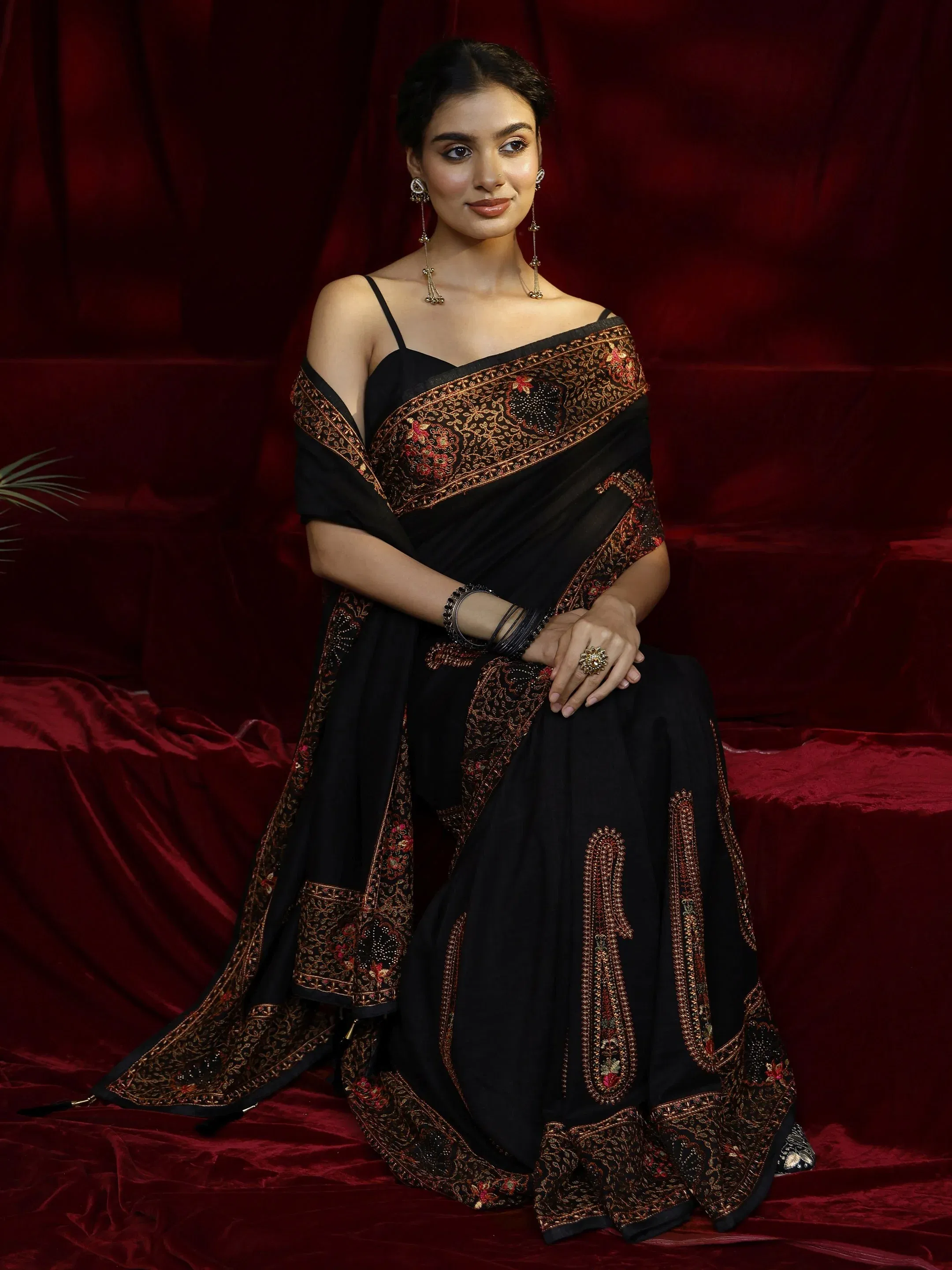Libas Black Paisley Embroidered Silk Blend Saree Libas sale