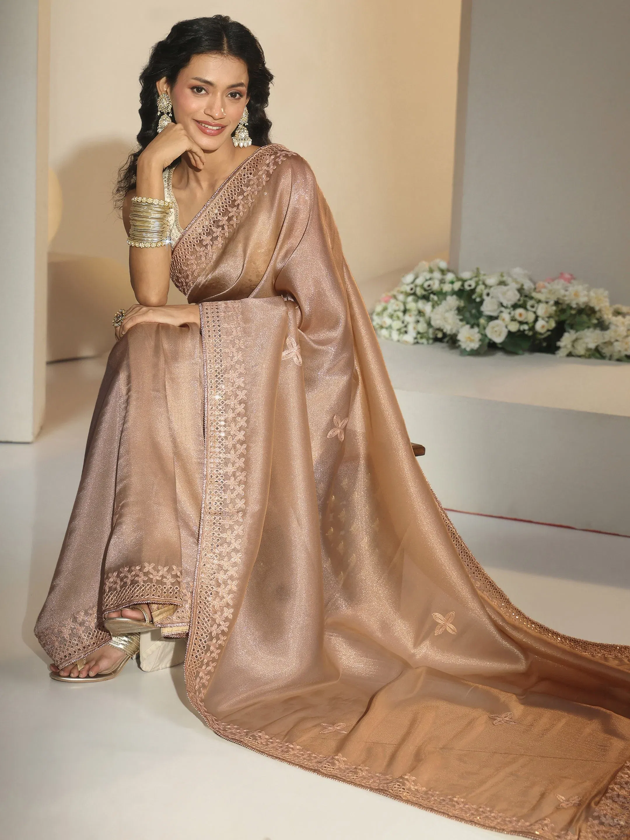 Libas Golden Mirror Work Embellished Tissue Saree Libas sale