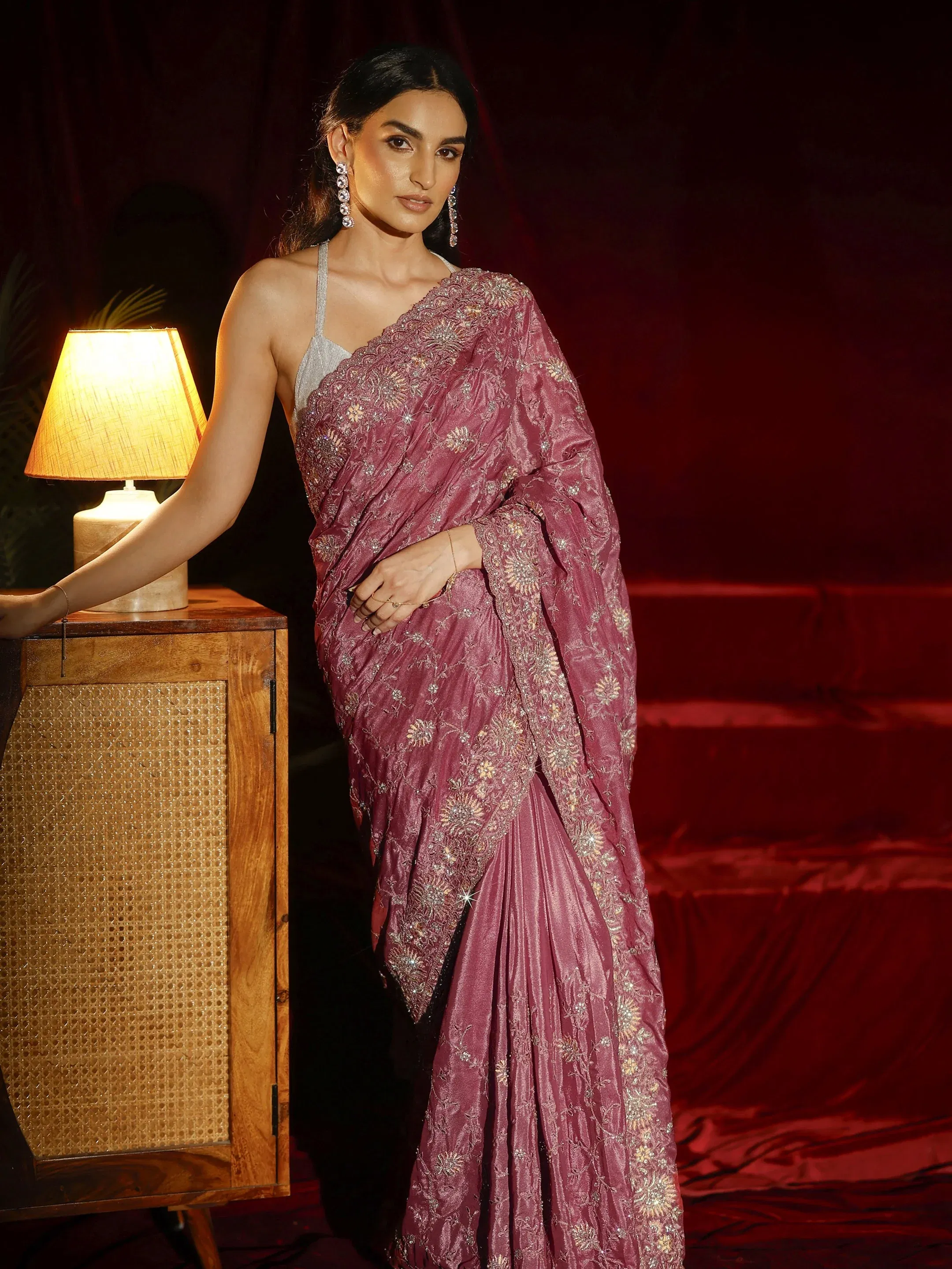 Libas Art Mauve Floral Embroidered Satin Saree Libas sale