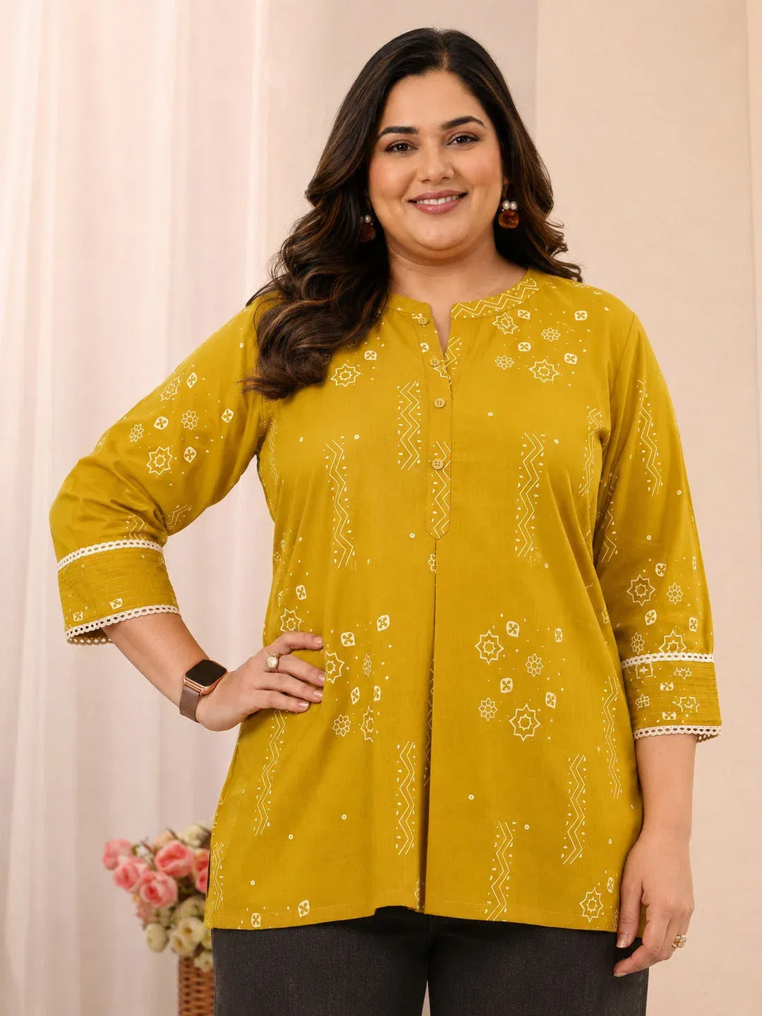 Plus Size Mustard Ethnic Printed Cotton Straight Short Kurti Libas sale