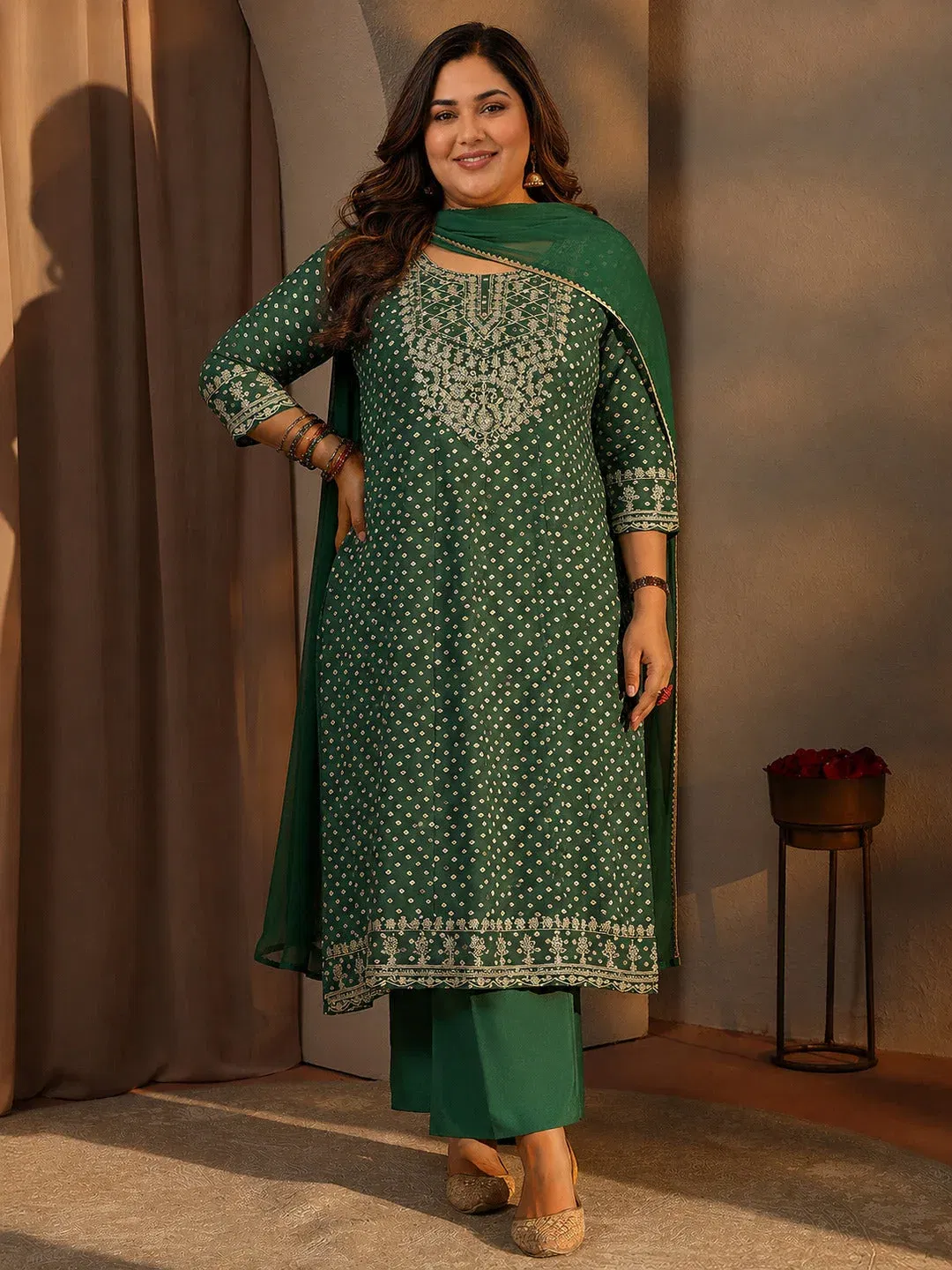 Plus Size Green Bandhani Printed Silk Blend A-Line Suit Set With Dupatta Libas sale