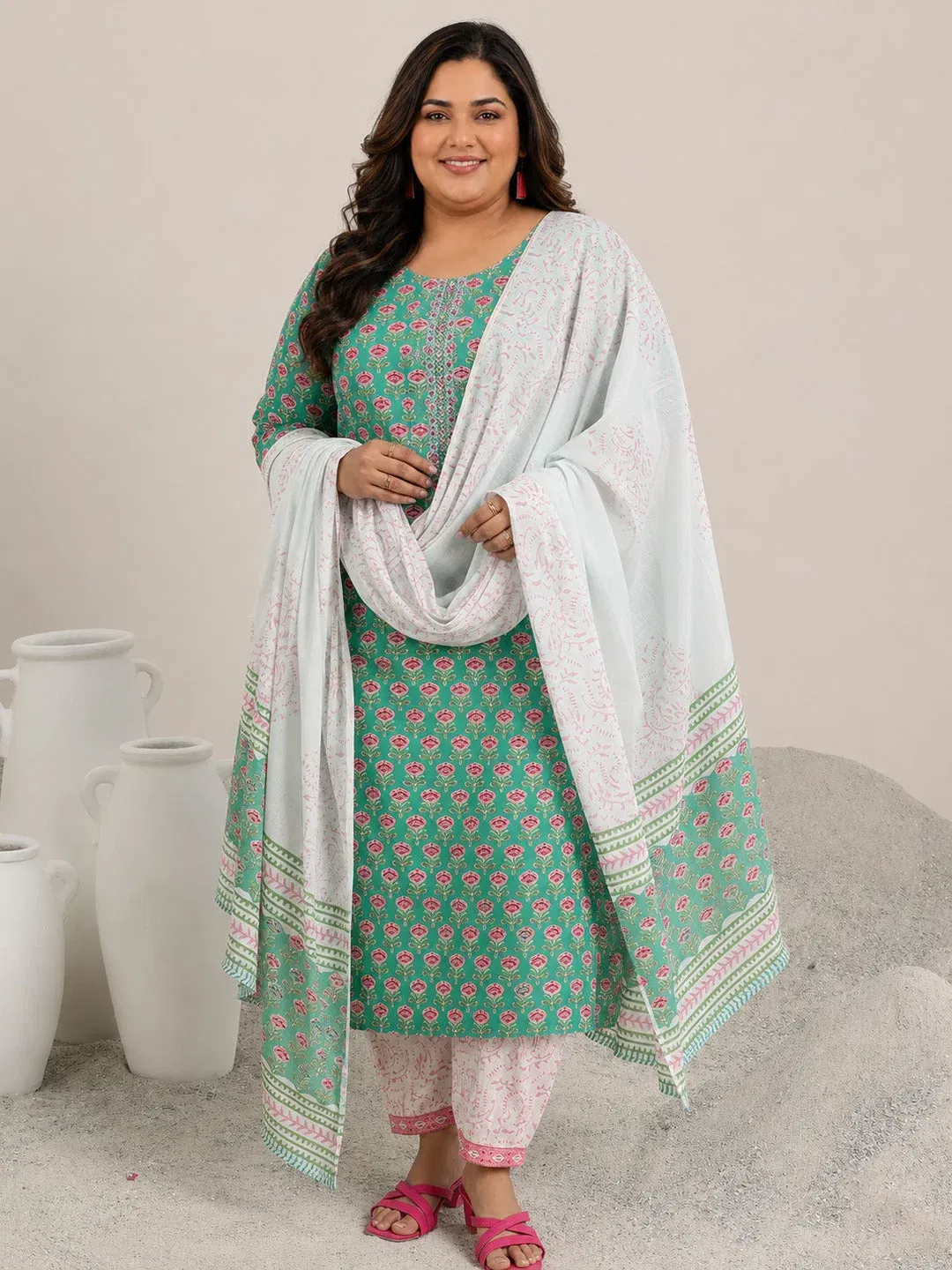 Plus Size Green Printed Cotton Straight Suit Set With Dupatta Libas sale