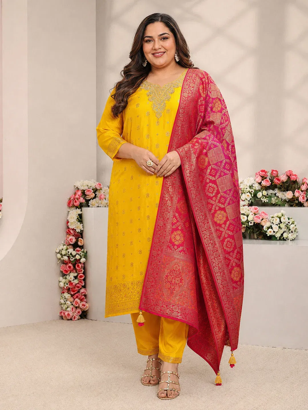 Plus Size Mustard Floral Woven Design Silk Blend Straight Suit Set With Dupatta Libas sale