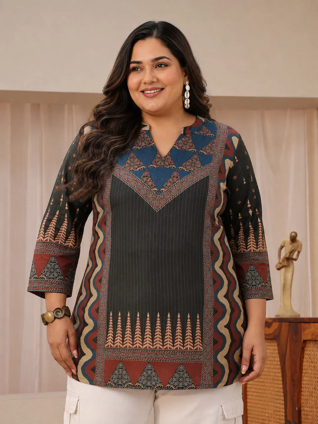Plus Size Grey Multi Printed Silk Blend Straight Short Kurti Libas sale