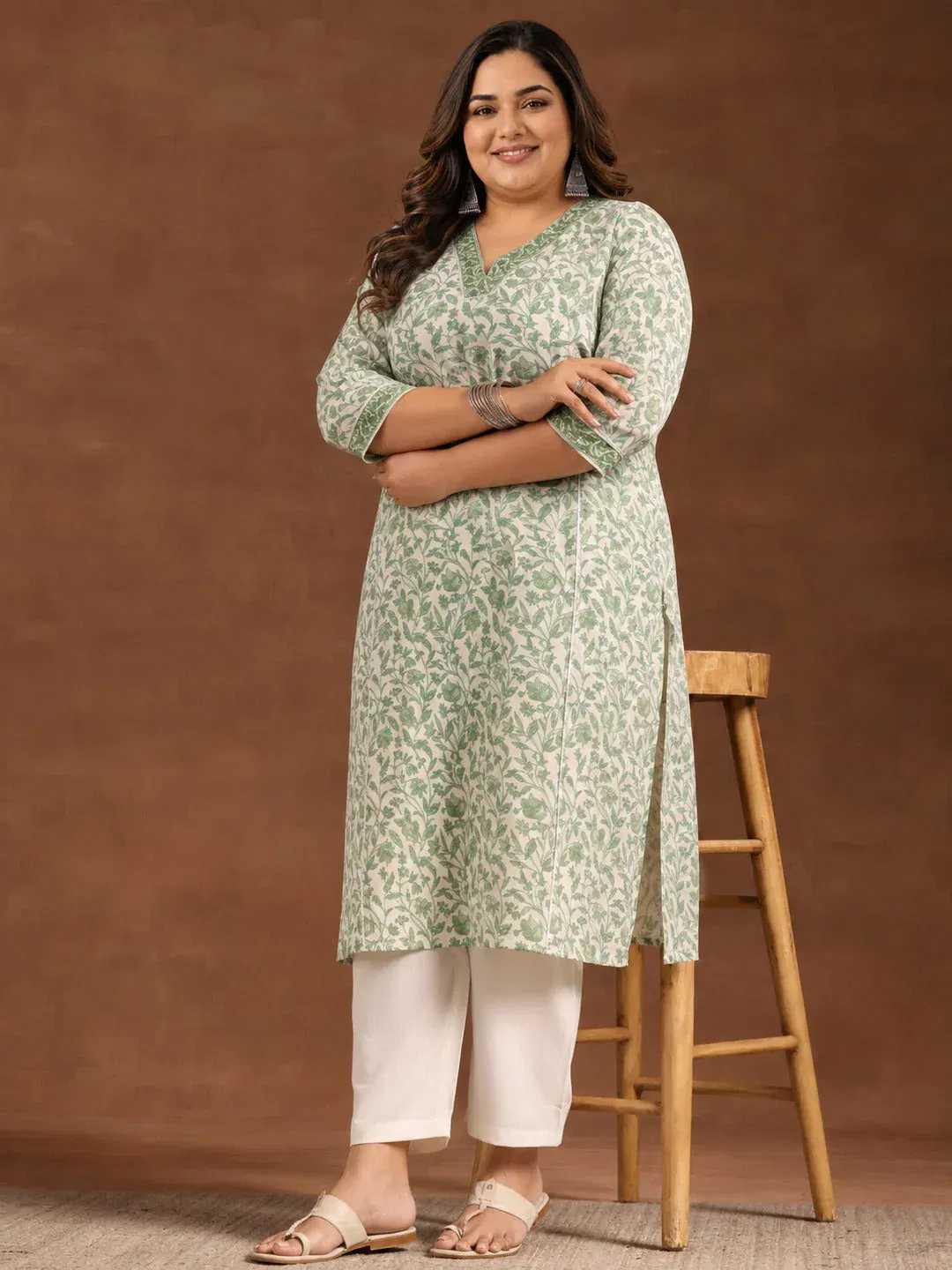 Plus Size Green Printed Cotton Straight Kurta Libas sale