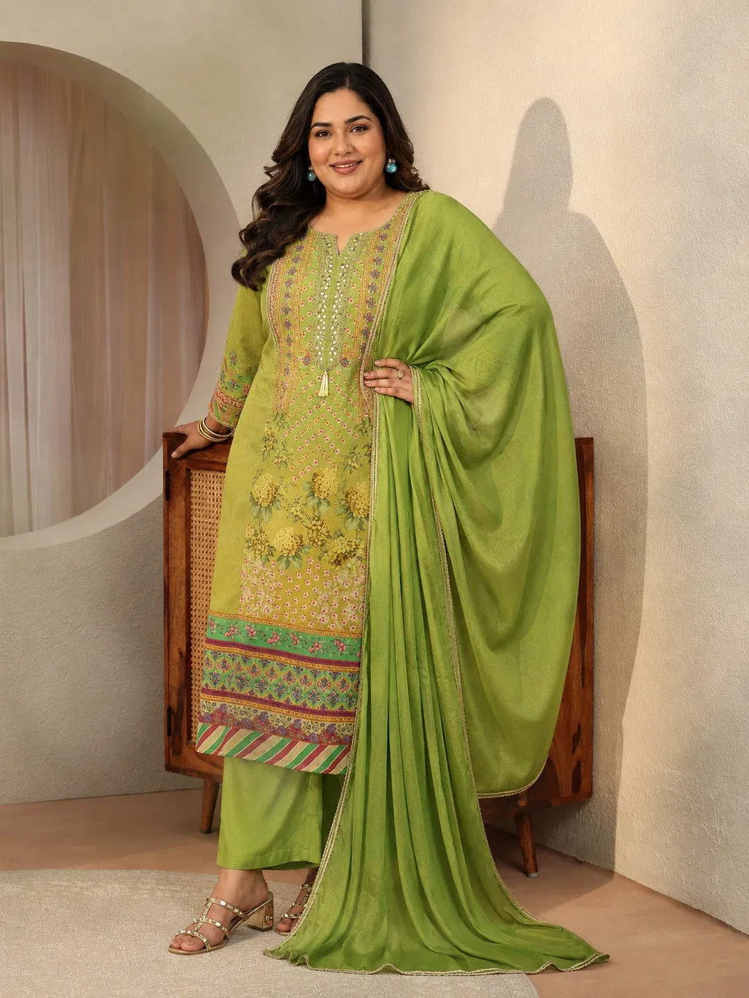 Plus Size Green Printed Chinon Straight Suit Set With Dupatta Libas sale