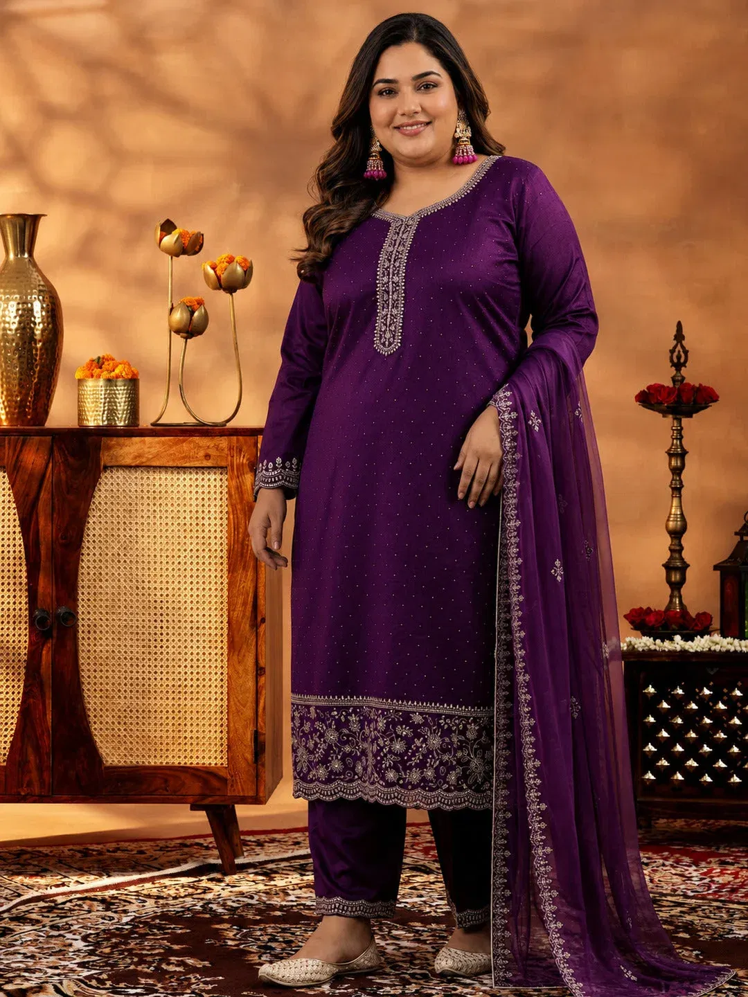 Plus Size Wine Embroidered Silk Blend Straight Suit With Dupatta Libas sale