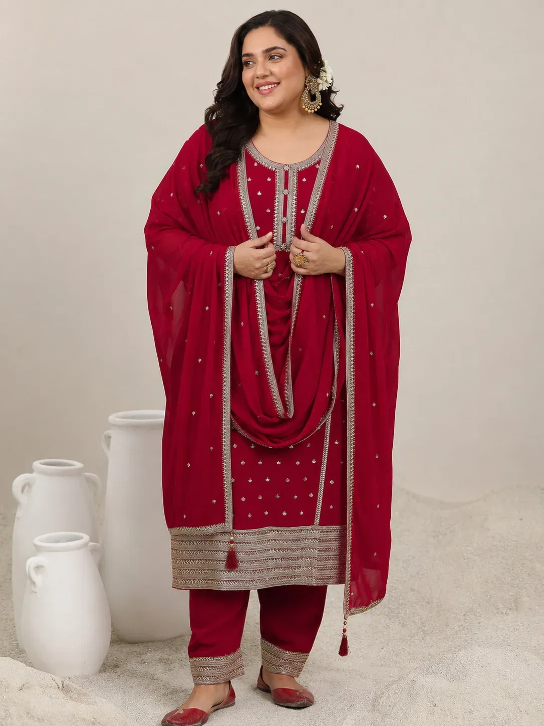 Plus Size Red Embroidered Georgette Straight Suit Set Libas sale