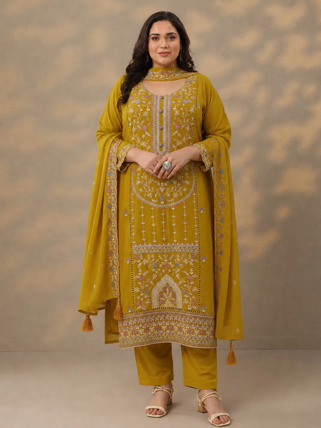 Plus Size Mustard Embroidered Georgette Straight Suit Set With Dupatta Libas sale