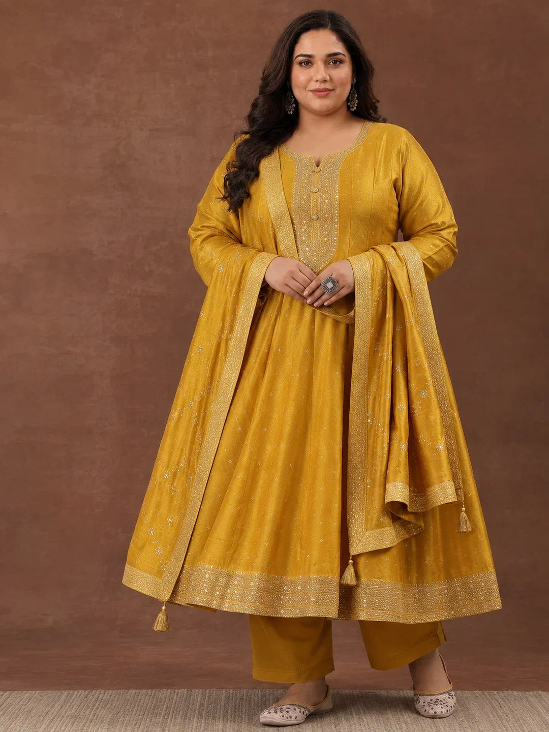 Plus Size Mustard Floral Embroidered Silk Blend A-Line Suit Set Libas sale