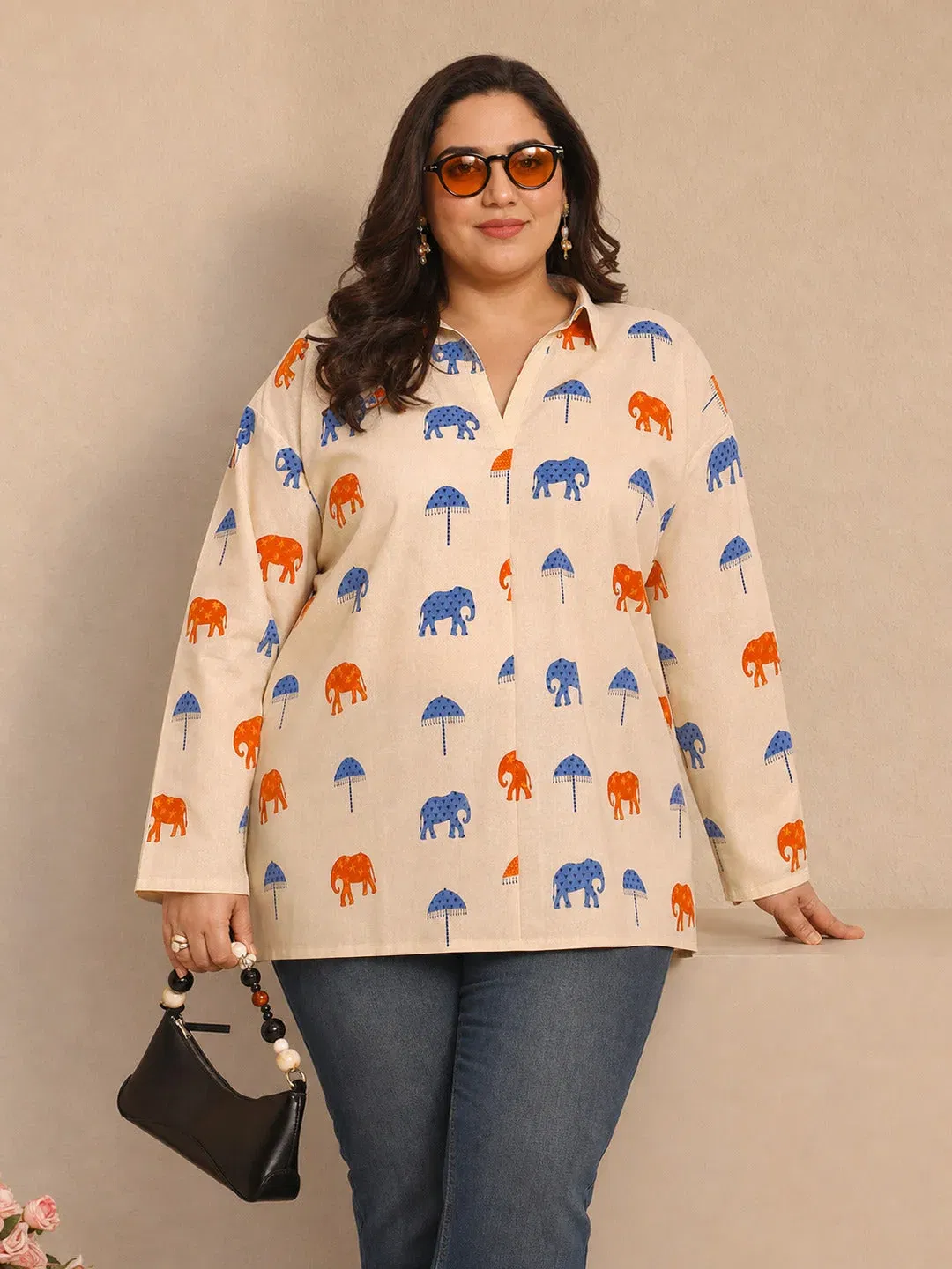Plus Size Off White Humanoid Printed Cotton Straight Short Kurti Libas sale