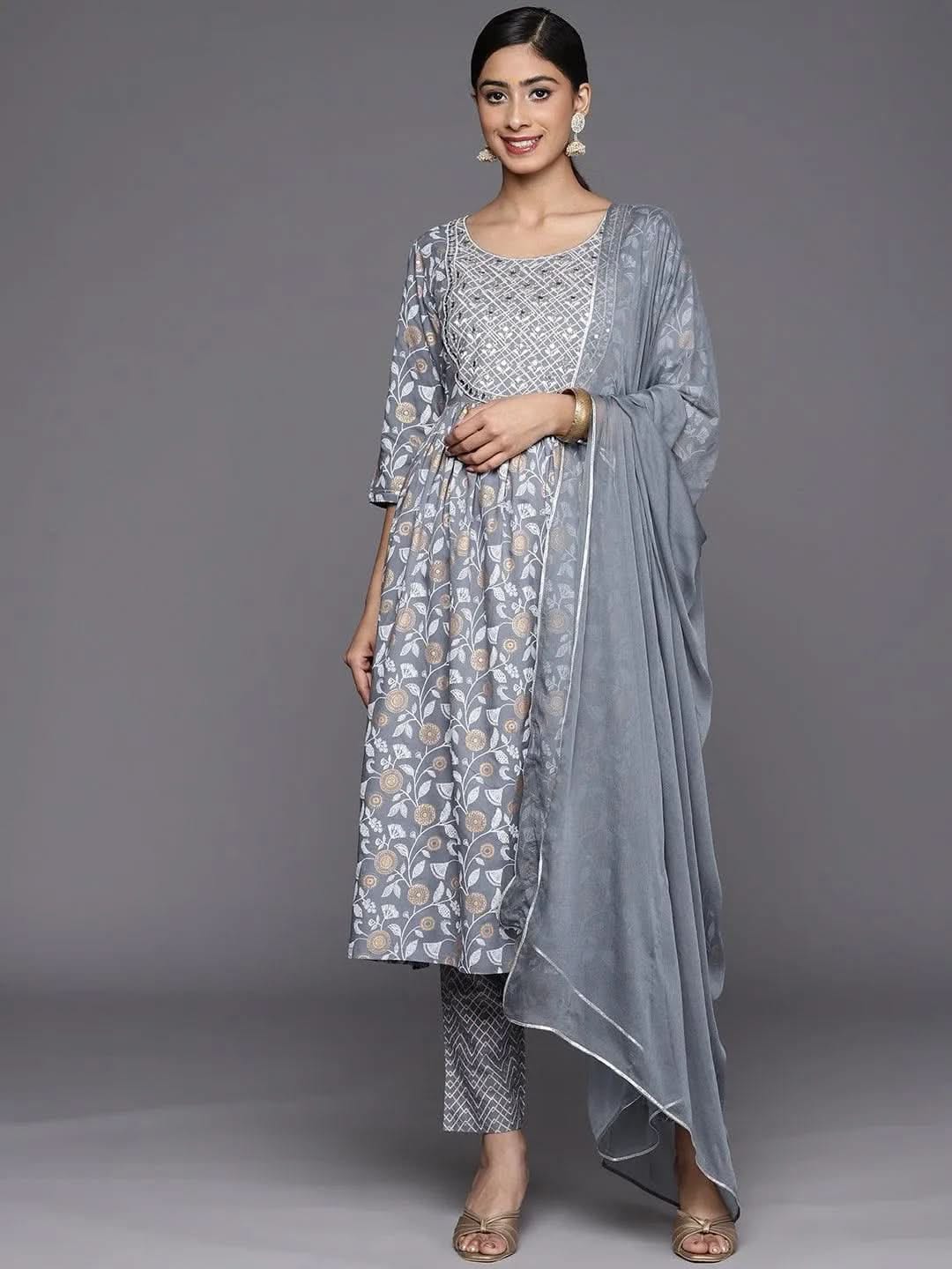 Libas Grey Yoke Design Rayon A-Line Kurta With Trousers & Dupatta Libas sale