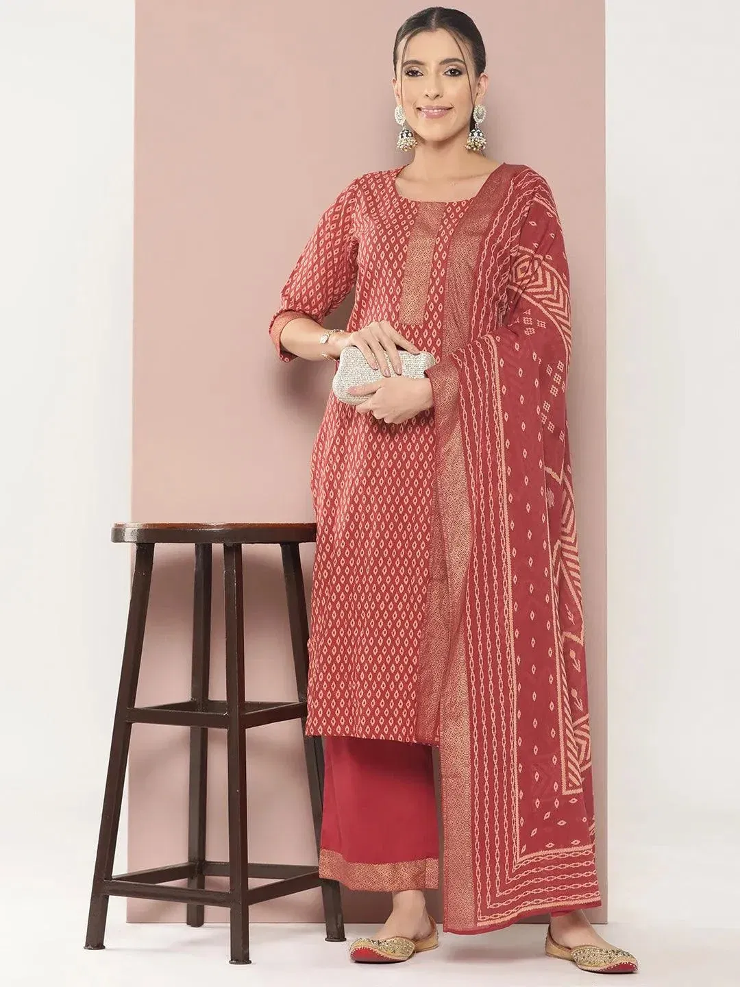 Libas Maroon Printed Cotton Straight Suit With Dupatta Libas sale