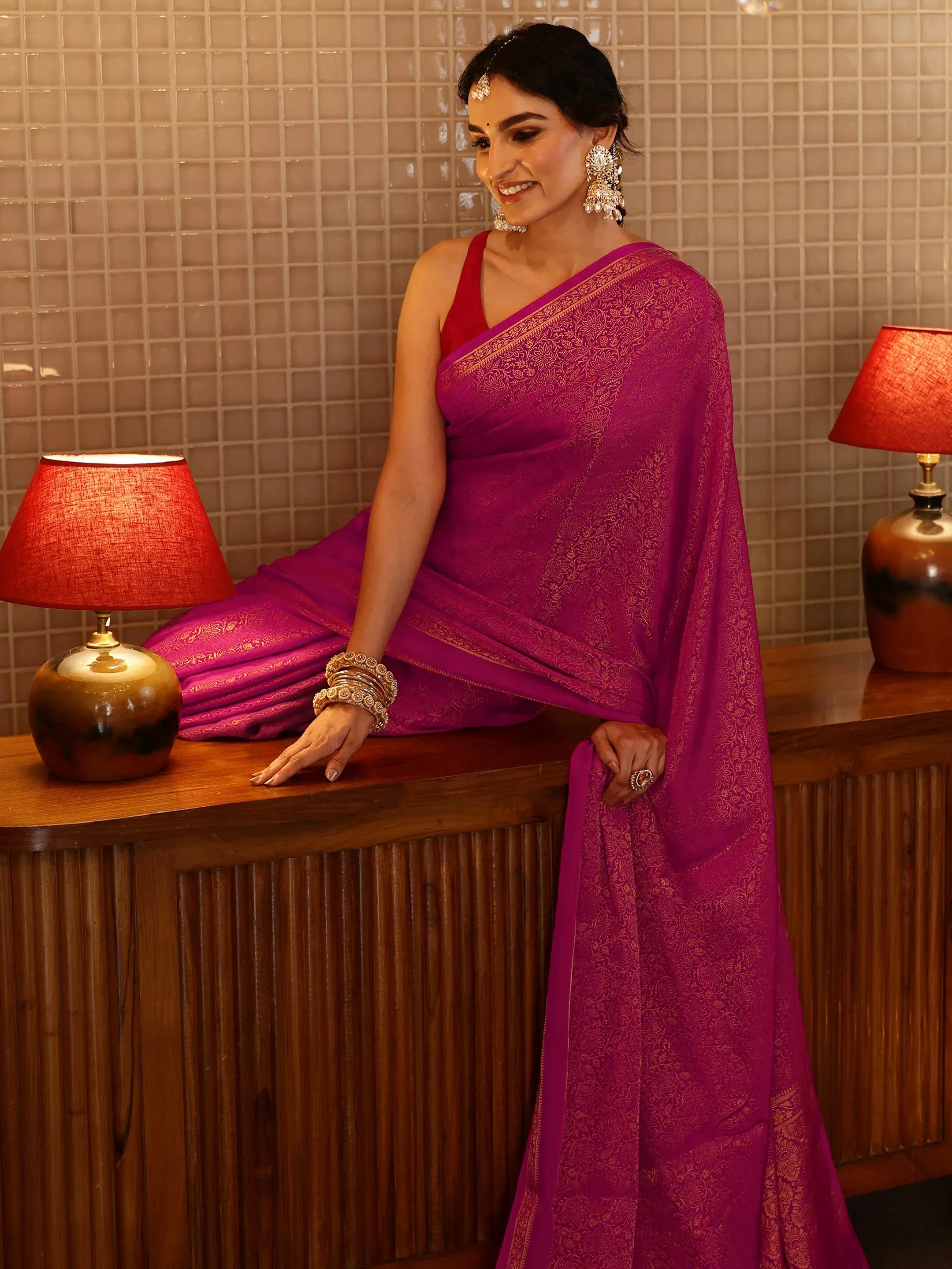 Libas Rani Pink Banarasi Silk Blend Saree Libas sale