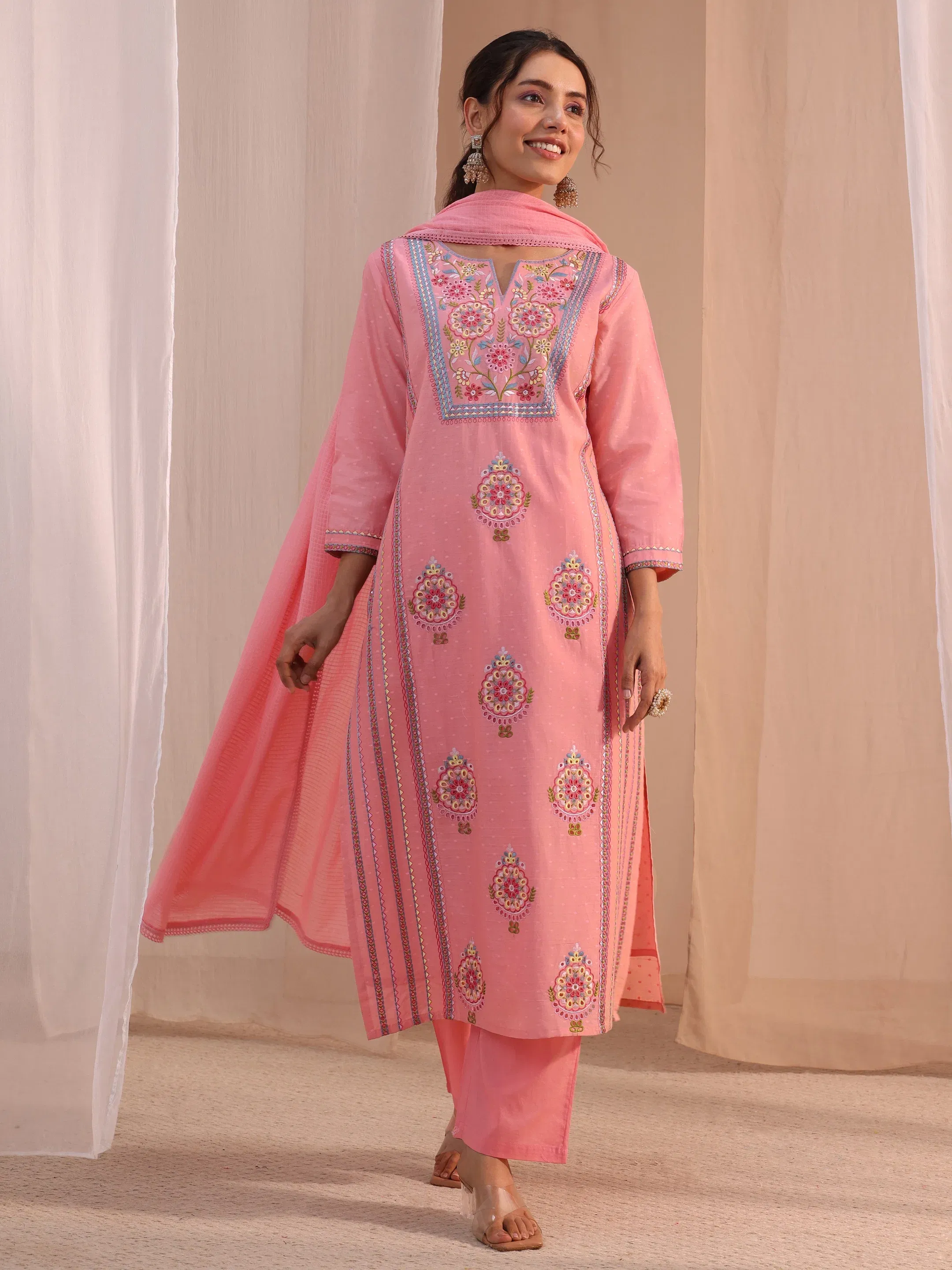 Libas Peach Floral Embroidered Cotton Blend Straight Suit Set Libas sale