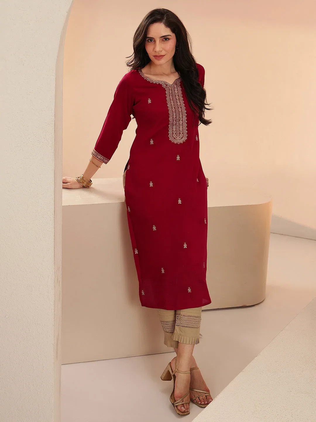 Libas Maroon Embroidered Silk Blend Straight Kurta Libas sale