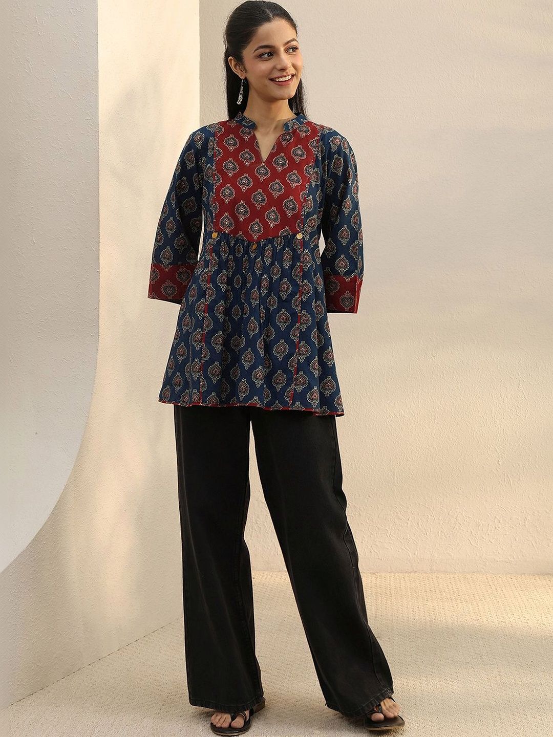 Libas Blue Ajarkh Printed Cotton A-Line Short Kurti Myntra sale