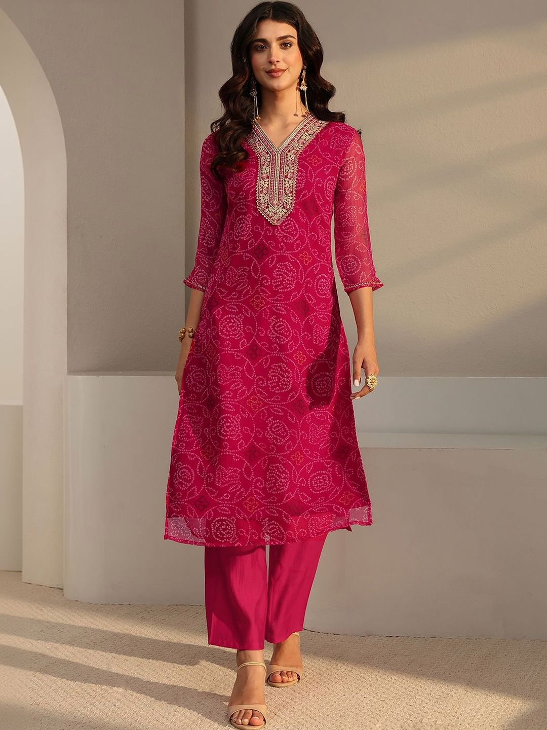 Libas Pink Bandhani Printed Chiffon Straight Kurta Myntra sale